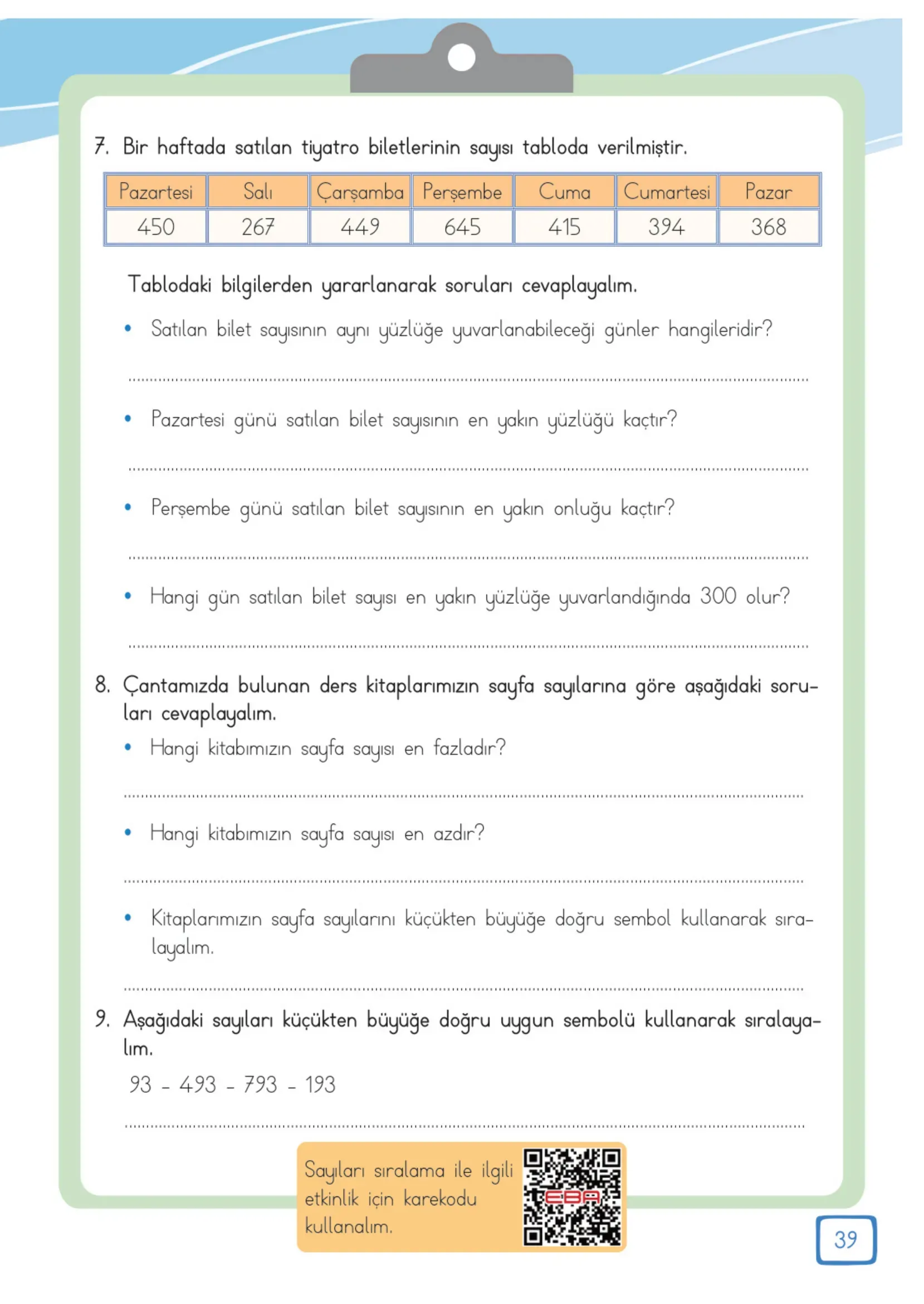 3. Sınıf Matematik Ders Kitabı Cevapları Meb Yayınları 1. Kitap Sayfa 39