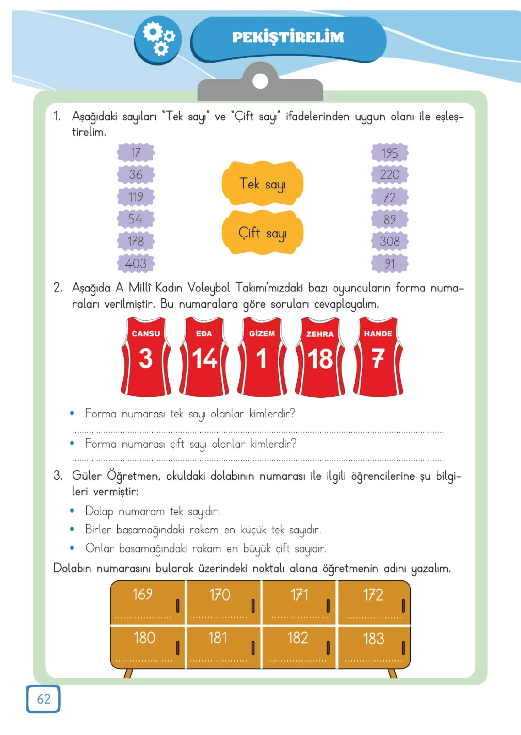 3. Sınıf Matematik Ders Kitabı Cevapları Meb Yayınları 1. Kitap Sayfa 62