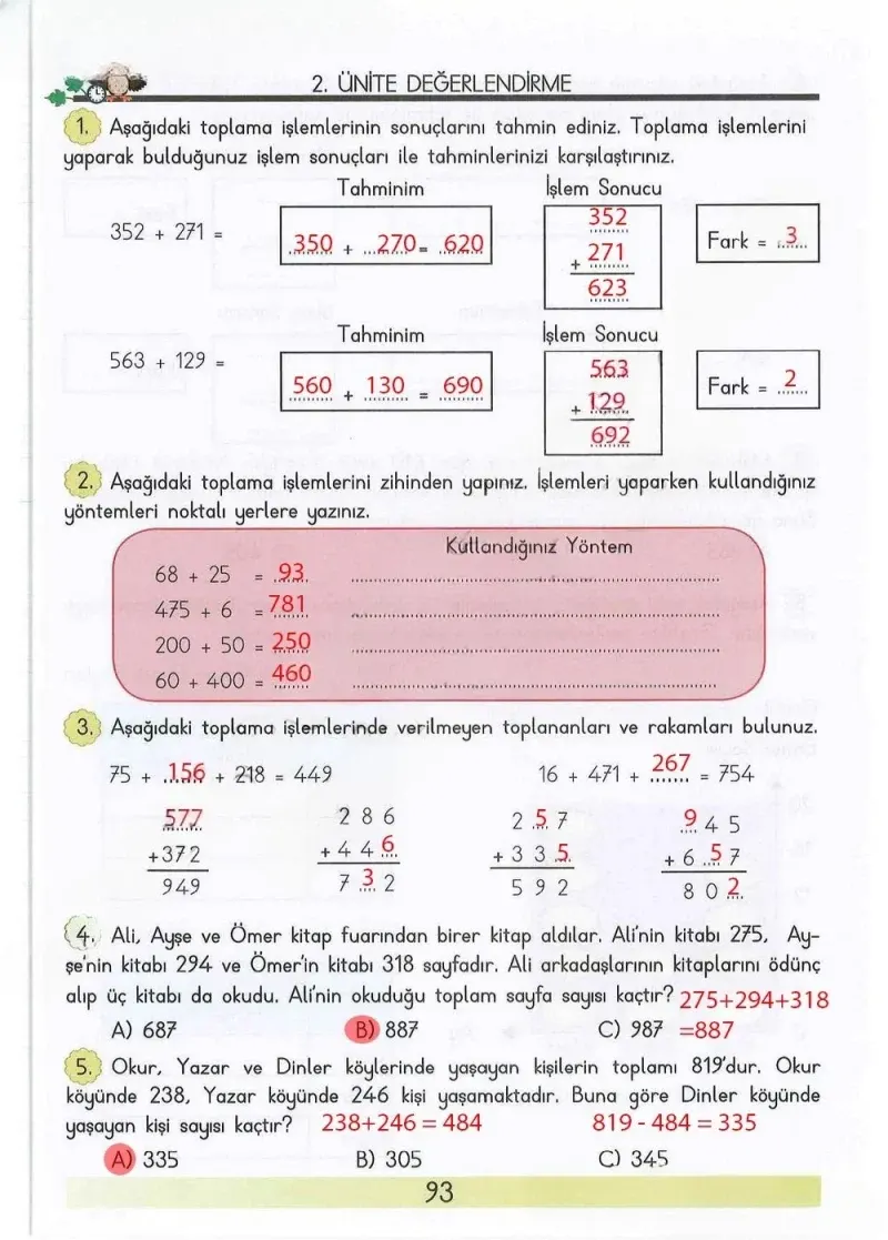 3. Sınıf Matematik Ders Kitabı Cevapları Meb Yayınları Sayfa 93 Çözüm Görseli
