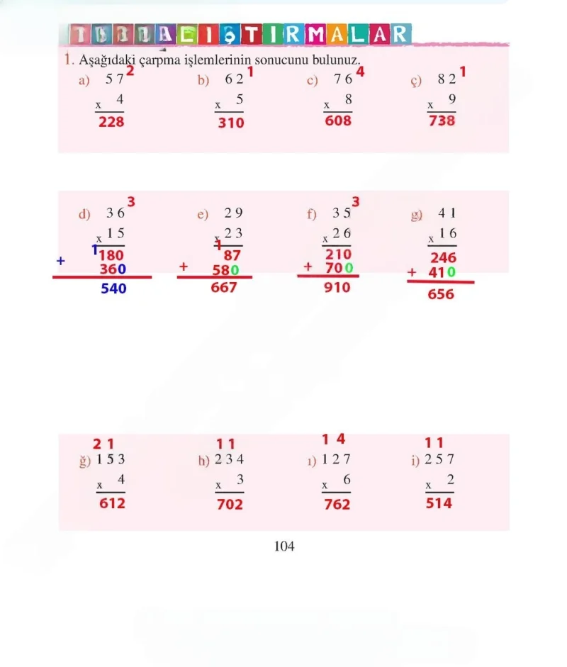 3. Sınıf Matematik Ders Kitabı Cevapları Tuna Matbacılık Yayınları Sayfa 104 Çözüm Görseli