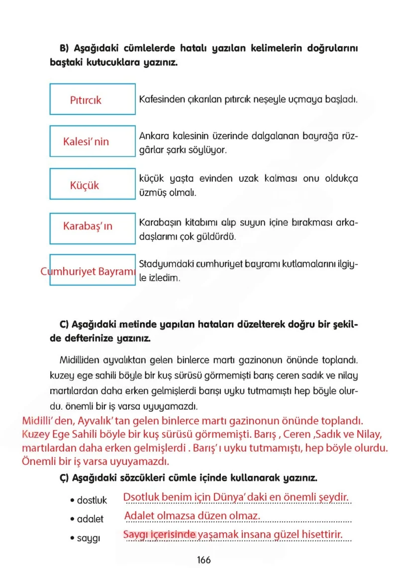 3. Sınıf Türkçe Ders Kitabı Cevapları Gizem Yayınları Sayfa 166 Çözüm Görseli