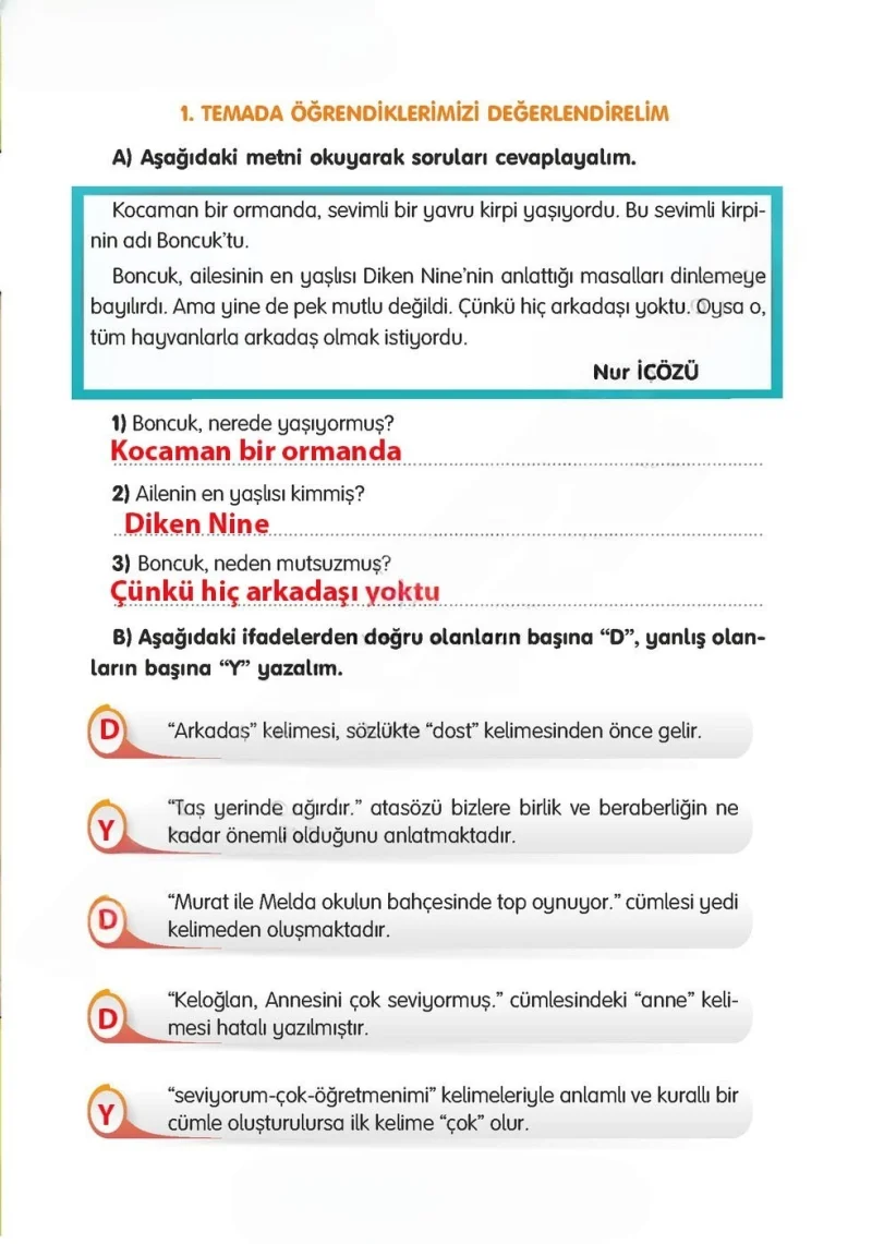 3. Sınıf Türkçe Ders Kitabı Cevapları Gizem Yayınları Sayfa 39 Çözüm Görseli