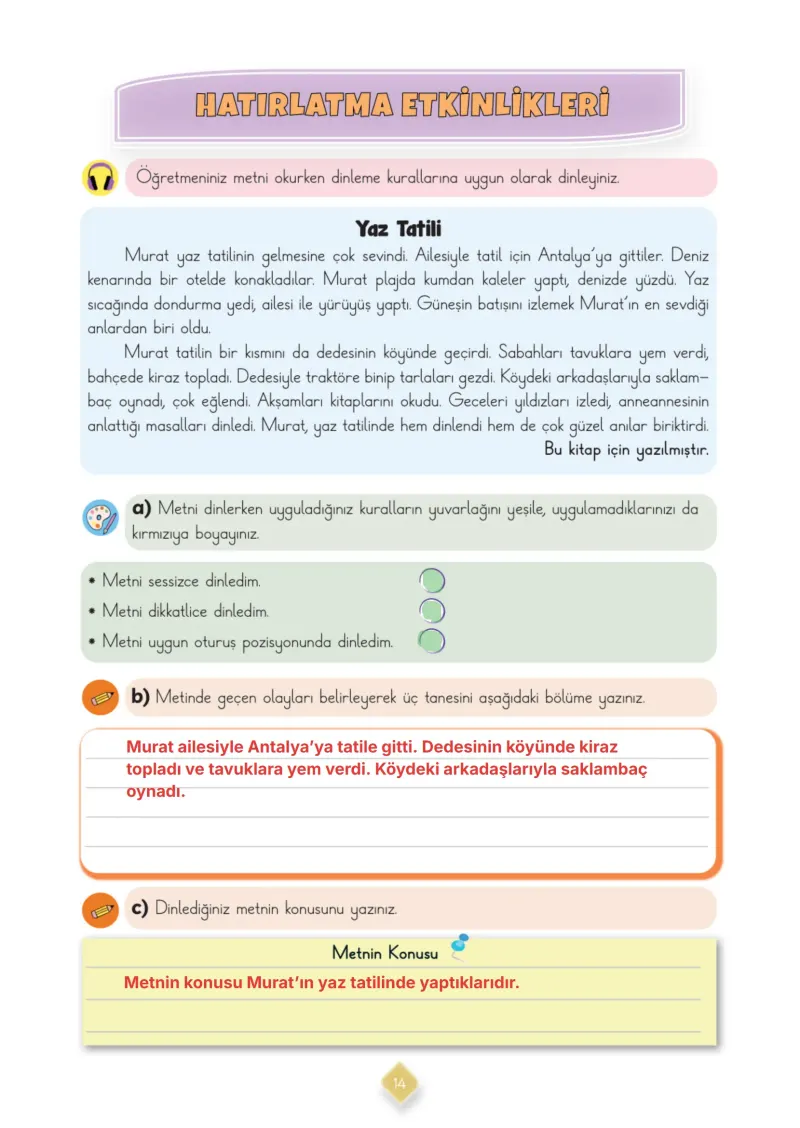 3. Sınıf Türkçe Ders Kitabı Cevapları Meb Yayınları 1. Kitap Sayfa 14 Çözüm Görseli