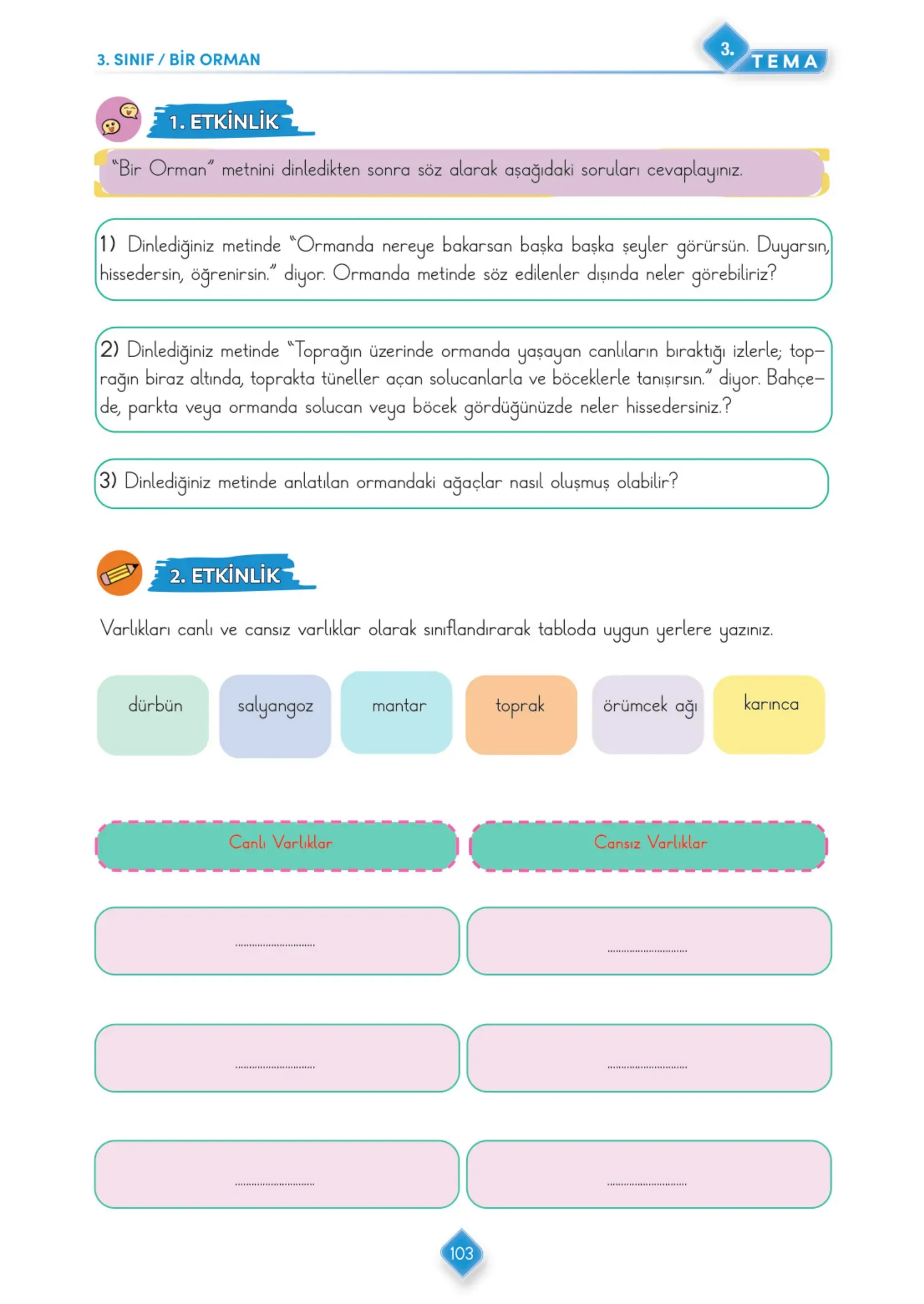 3. Sınıf Türkçe Ders Kitabı Cevapları Meb Yayınları 1. Kitap Sayfa 103