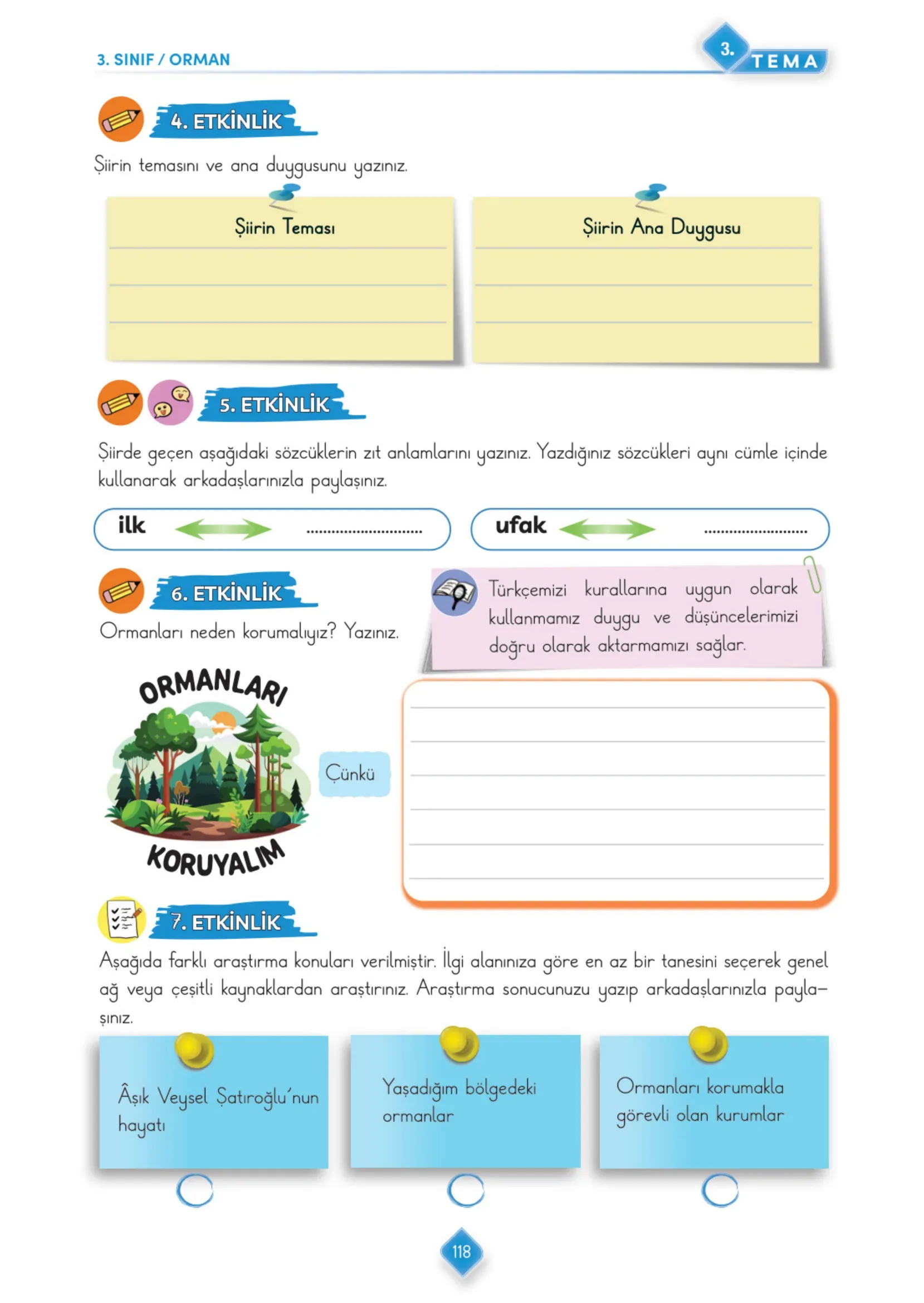 3. Sınıf Türkçe Ders Kitabı Cevapları Meb Yayınları 1. Kitap Sayfa 118