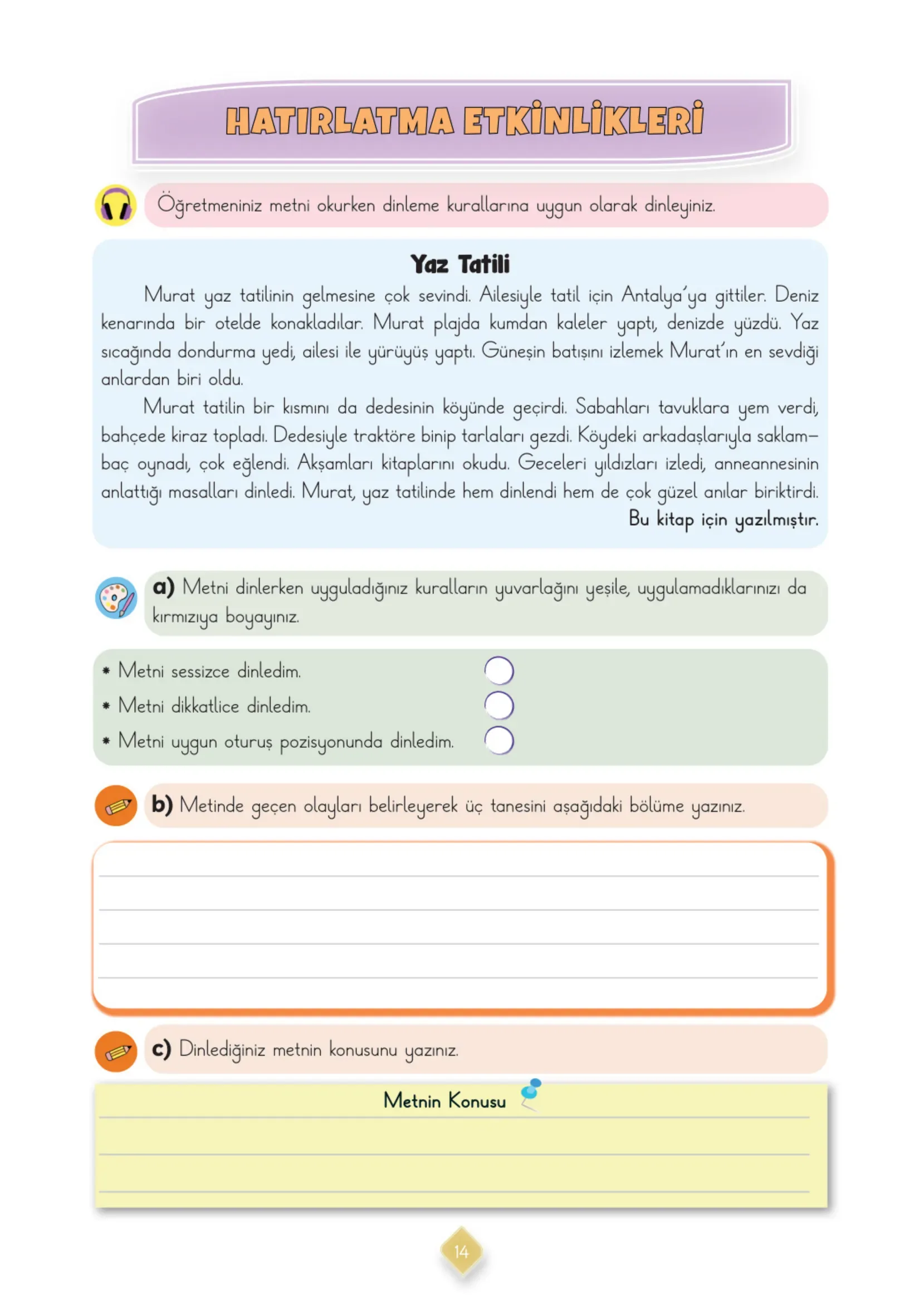 3. Sınıf Türkçe Ders Kitabı Cevapları Meb Yayınları 1. Kitap Sayfa 14