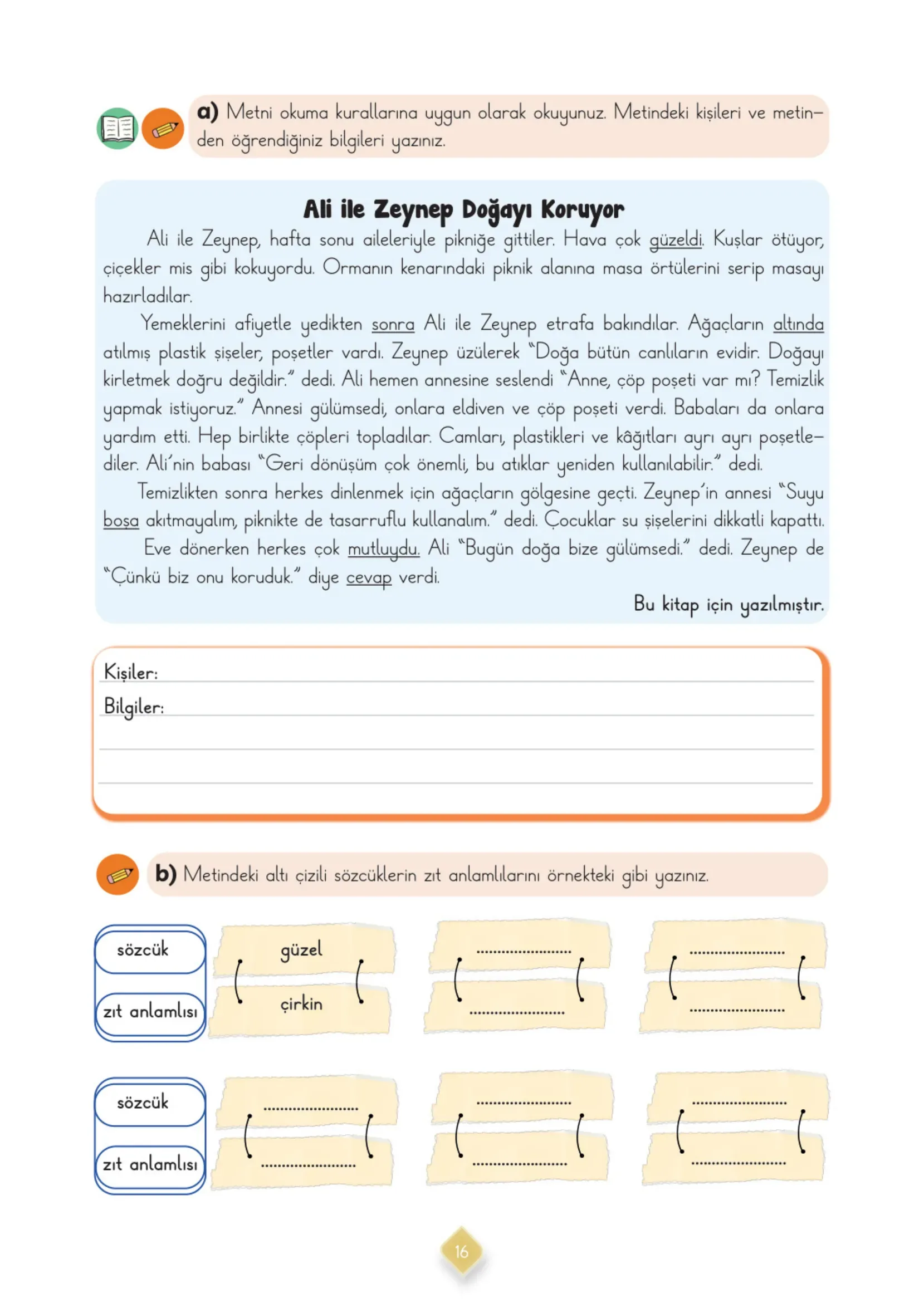 3. Sınıf Türkçe Ders Kitabı Cevapları Meb Yayınları 1. Kitap Sayfa 16