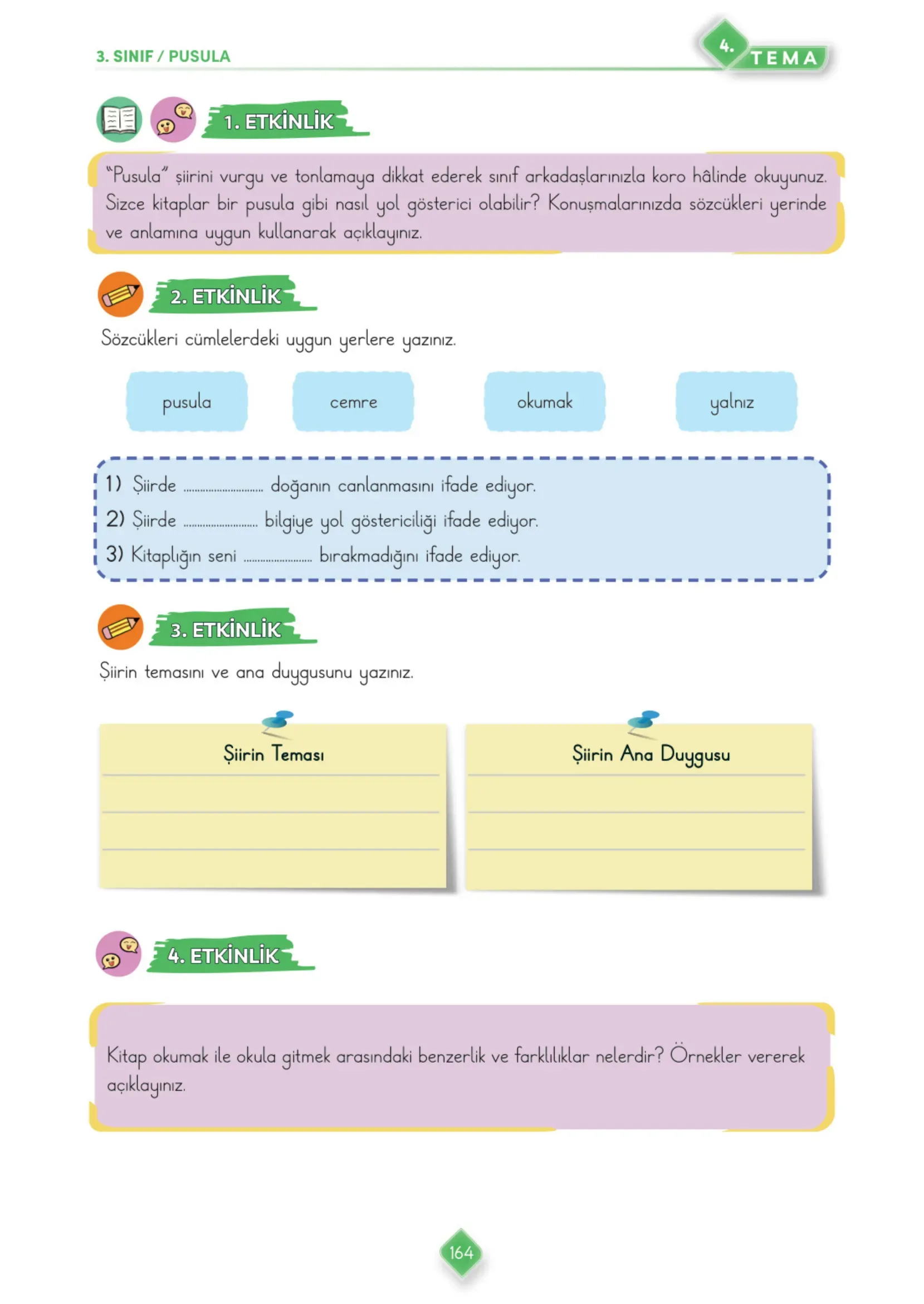 3. Sınıf Türkçe Ders Kitabı Cevapları Meb Yayınları 1. Kitap Sayfa 164