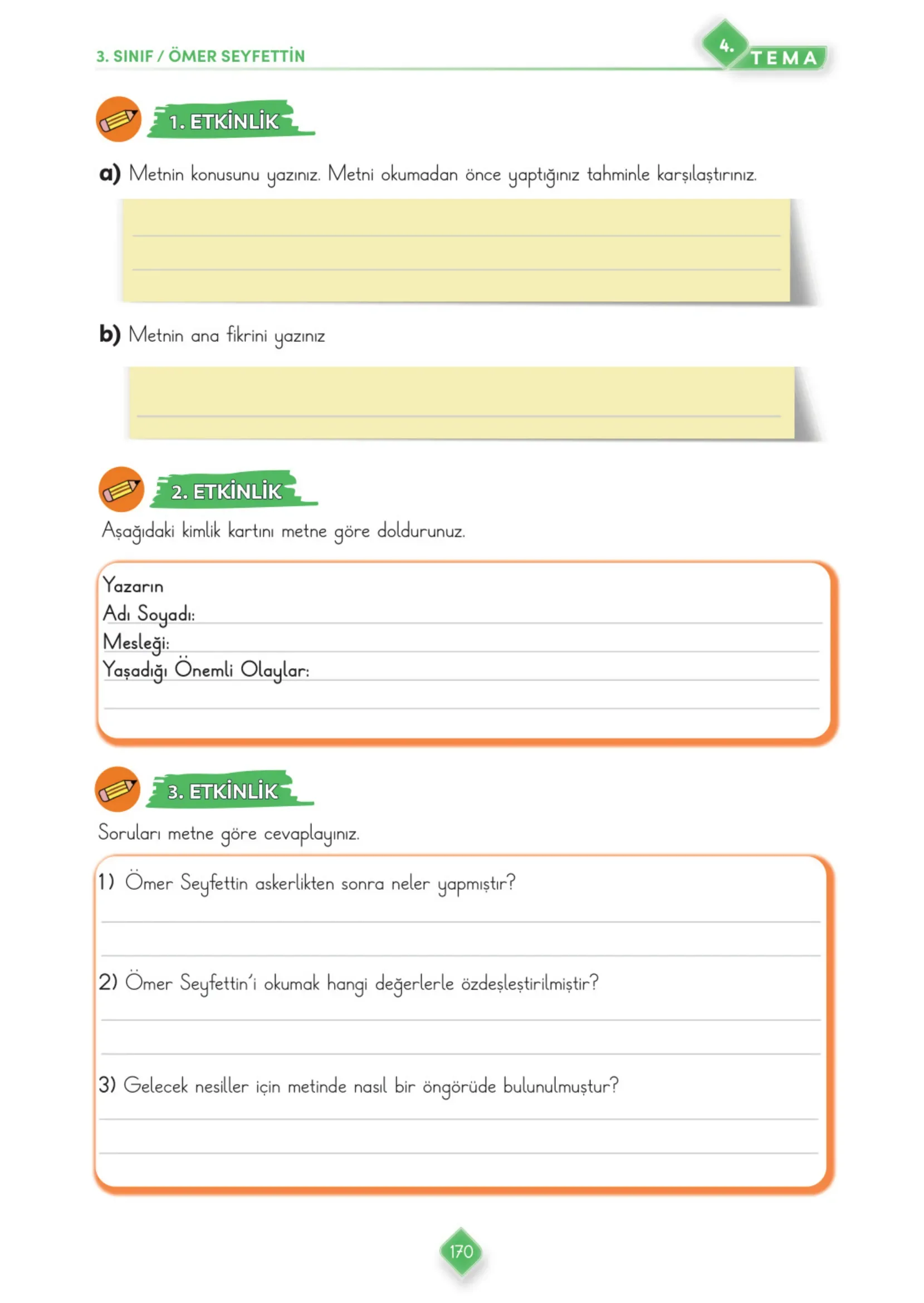 3. Sınıf Türkçe Ders Kitabı Cevapları Meb Yayınları 1. Kitap Sayfa 170