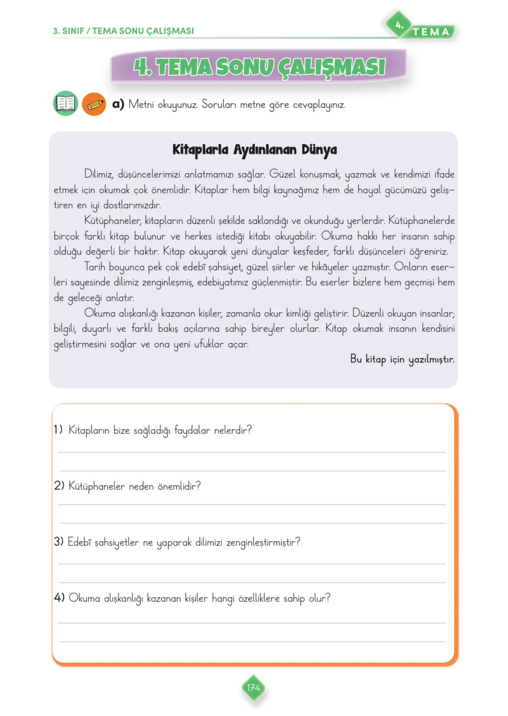 3. Sınıf Türkçe Ders Kitabı Cevapları Meb Yayınları 1. Kitap Sayfa 174