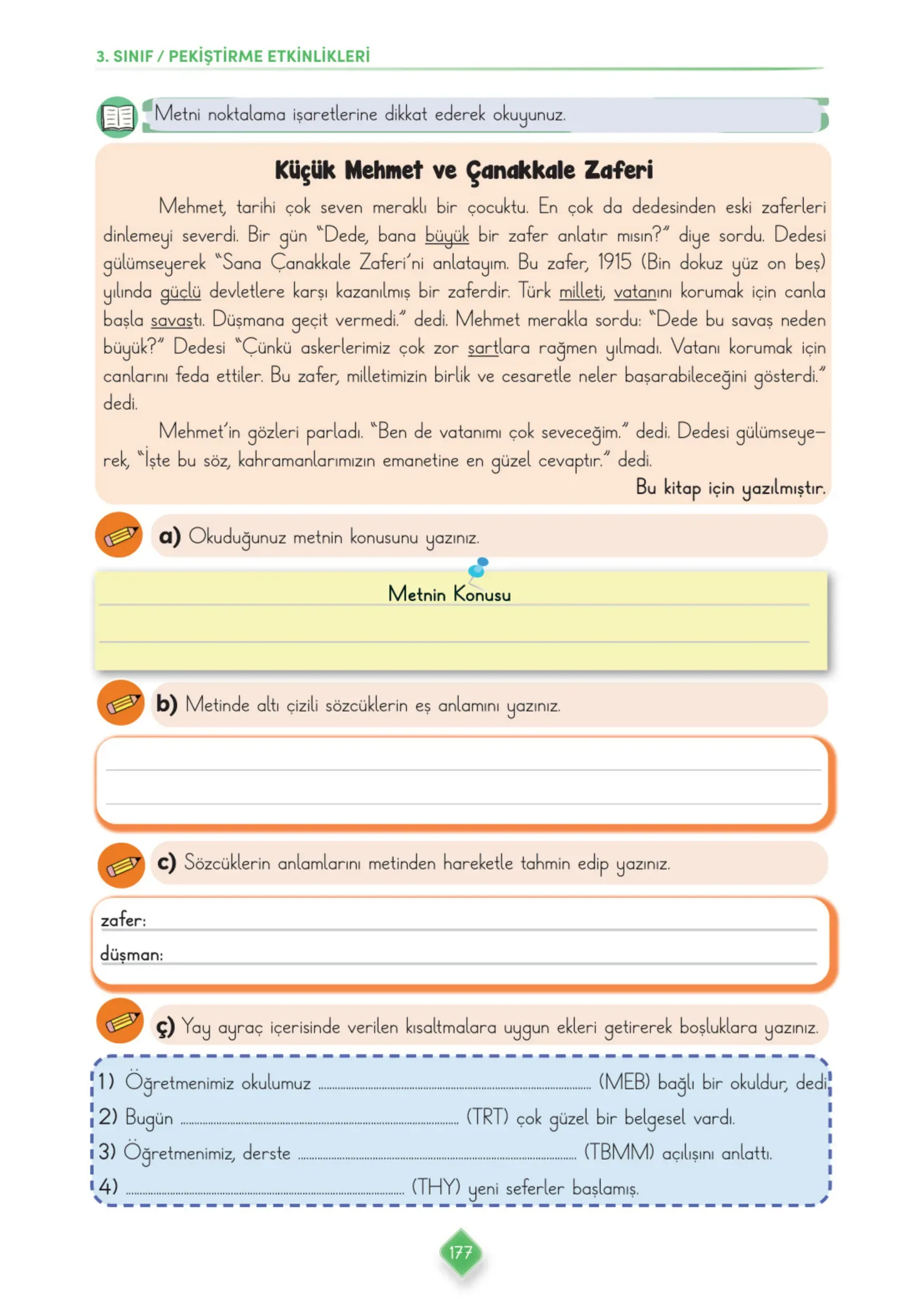 3. Sınıf Türkçe Ders Kitabı Cevapları Meb Yayınları 1. Kitap Sayfa 177