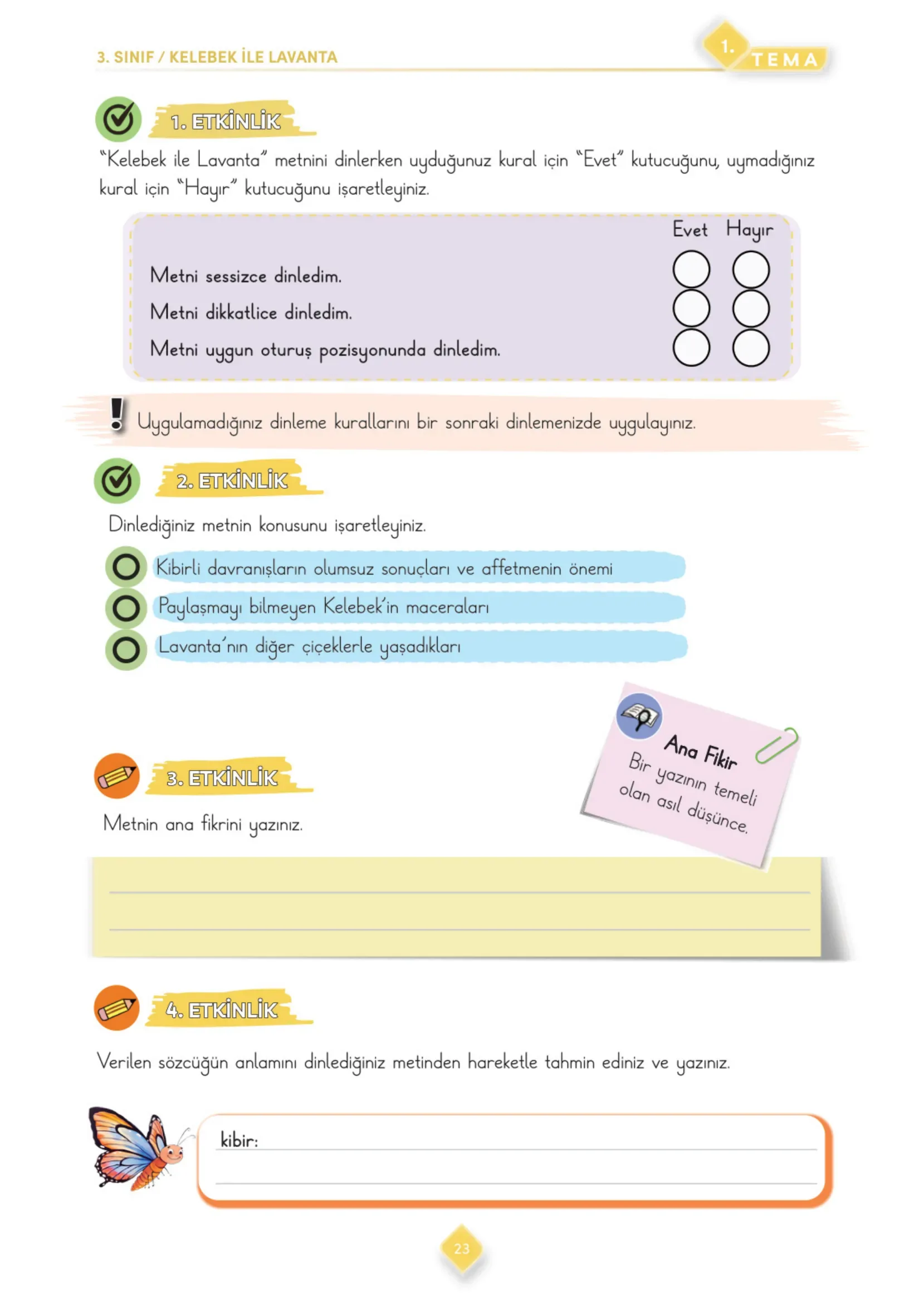 3. Sınıf Türkçe Ders Kitabı Cevapları Meb Yayınları 1. Kitap Sayfa 23