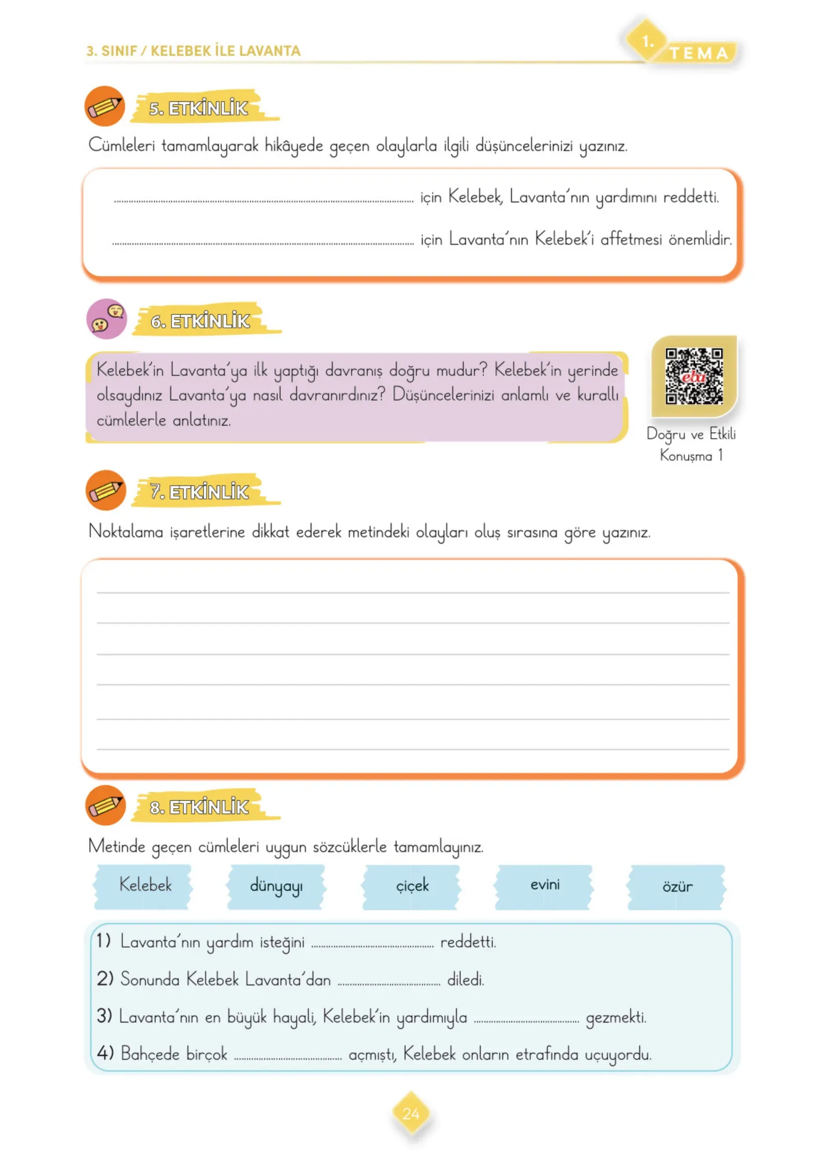 3. Sınıf Türkçe Ders Kitabı Cevapları Meb Yayınları 1. Kitap Sayfa 24