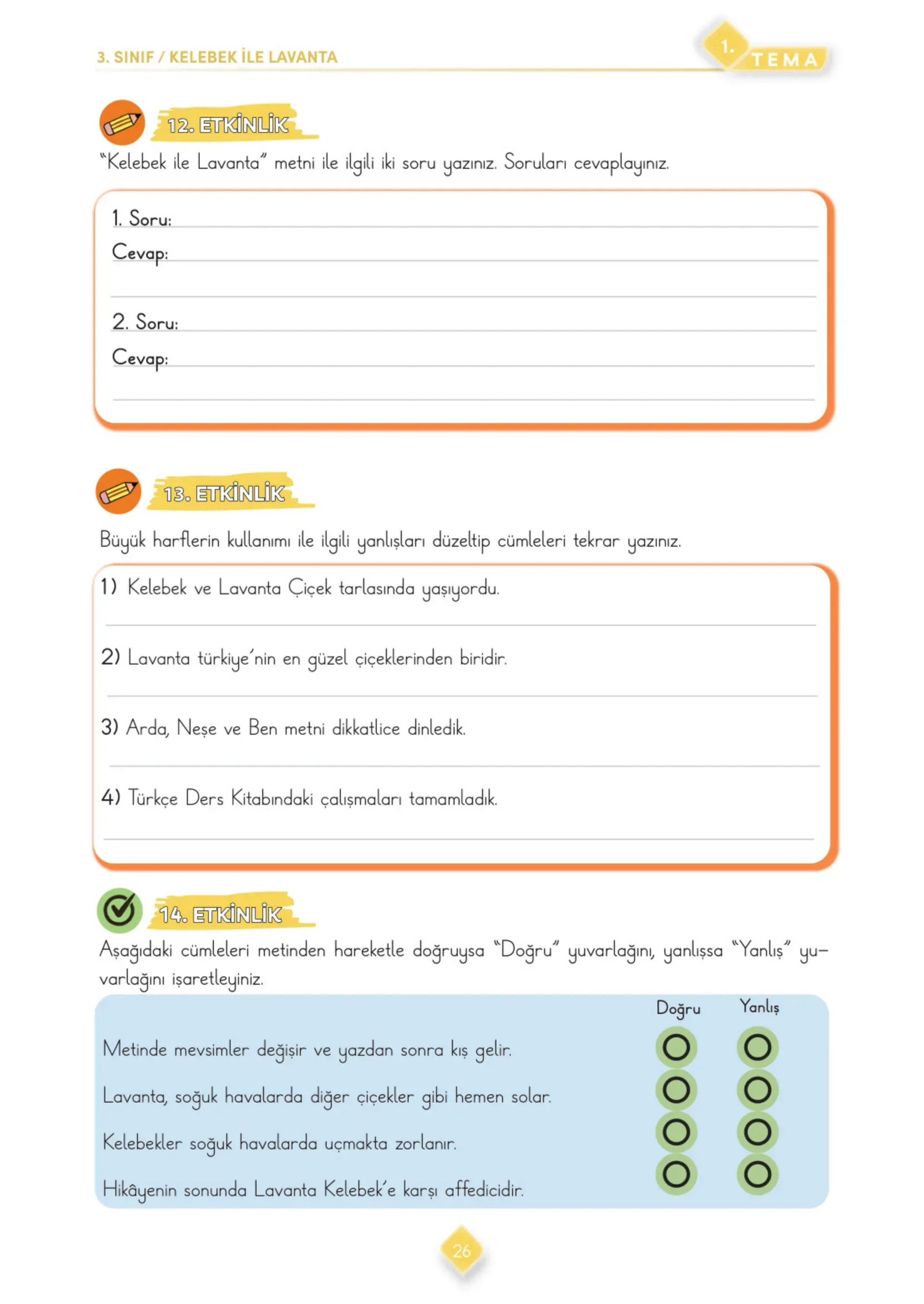 3. Sınıf Türkçe Ders Kitabı Cevapları Meb Yayınları 1. Kitap Sayfa 26