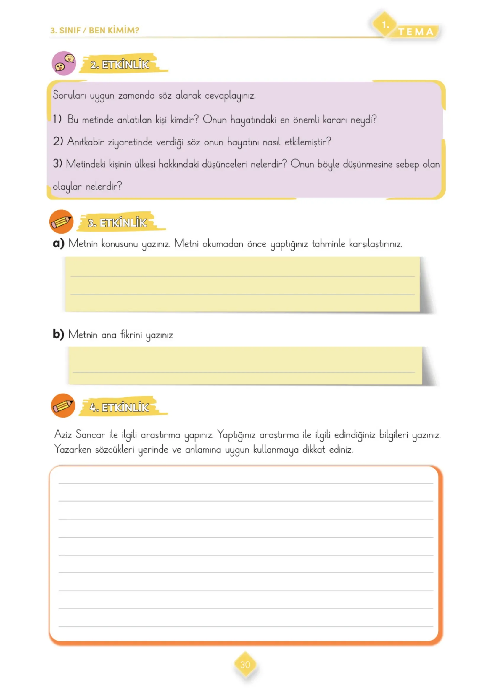 3. Sınıf Türkçe Ders Kitabı Cevapları Meb Yayınları 1. Kitap Sayfa 30