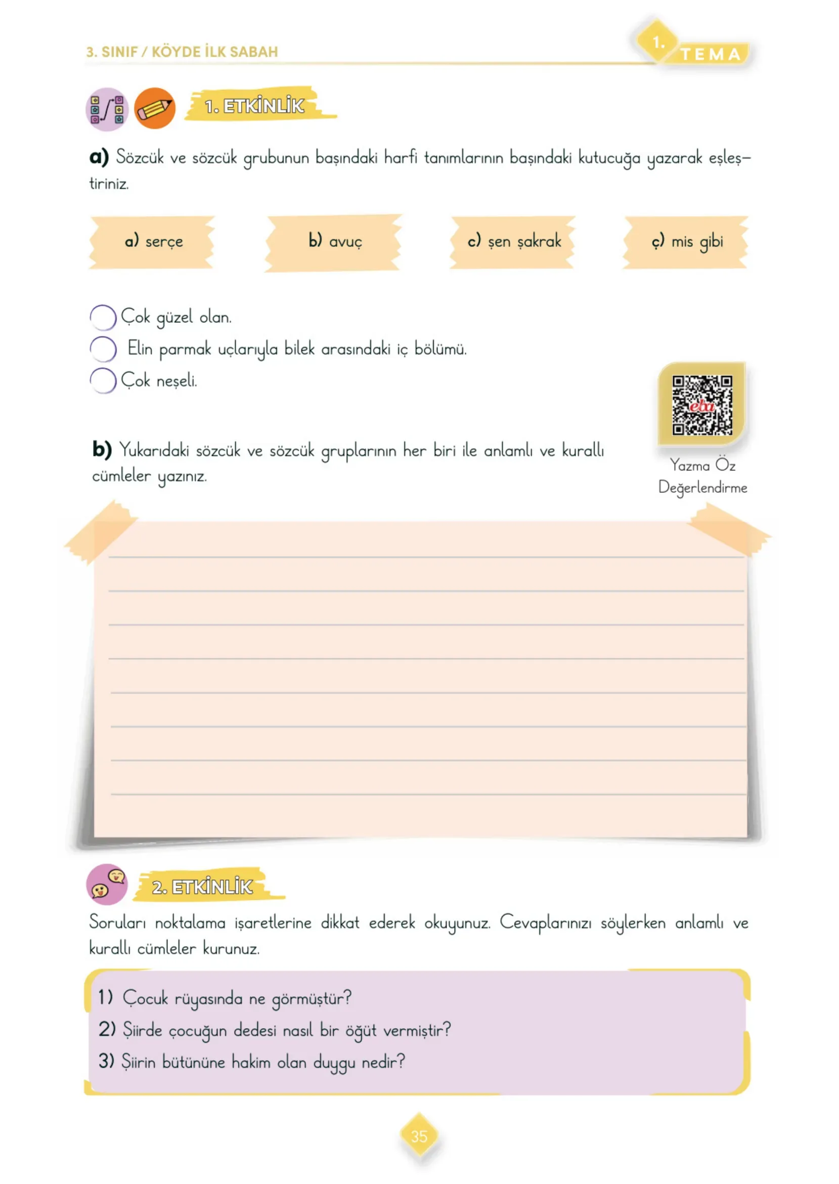 3. Sınıf Türkçe Ders Kitabı Cevapları Meb Yayınları 1. Kitap Sayfa 35