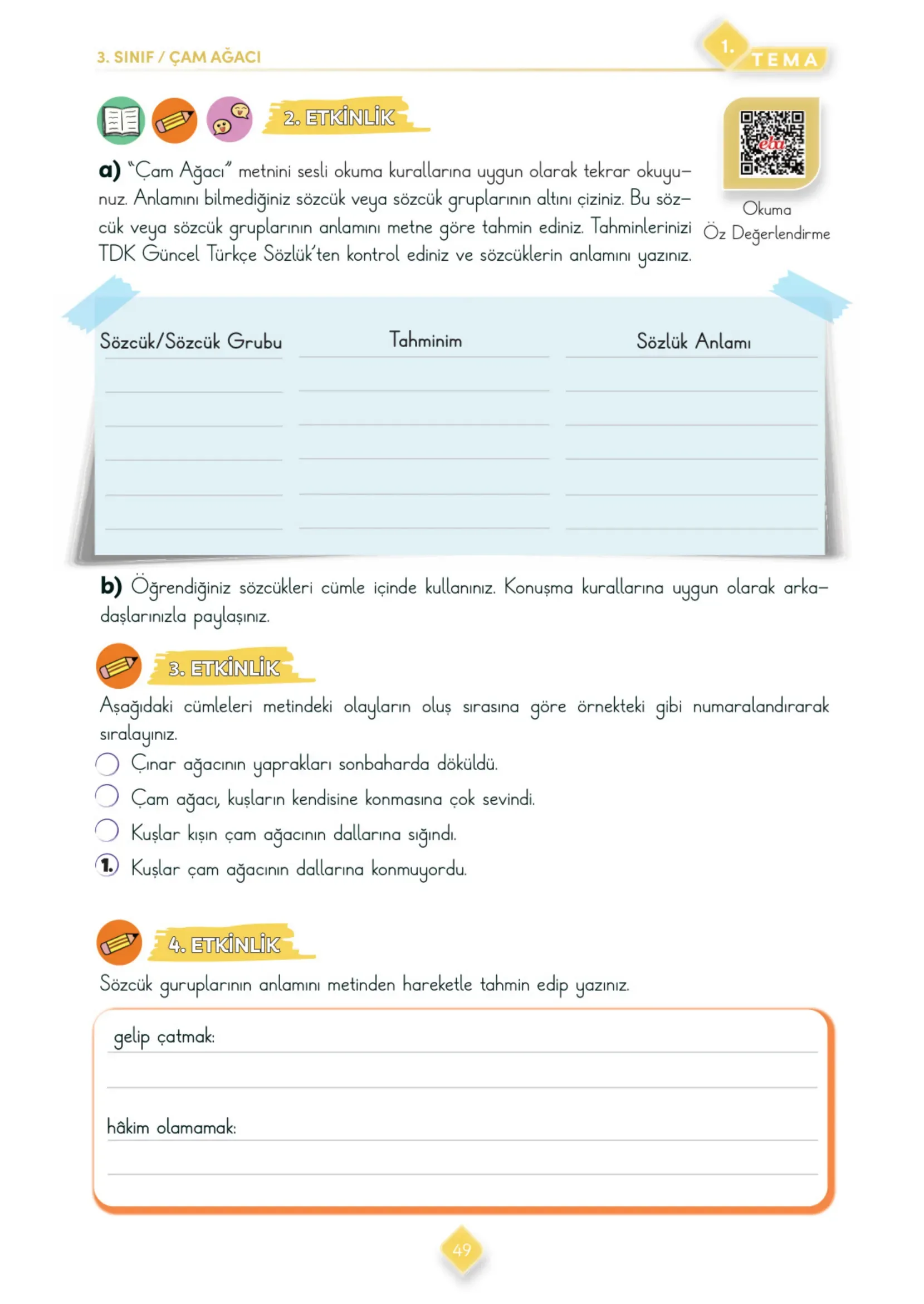 3. Sınıf Türkçe Ders Kitabı Cevapları Meb Yayınları 1. Kitap Sayfa 49
