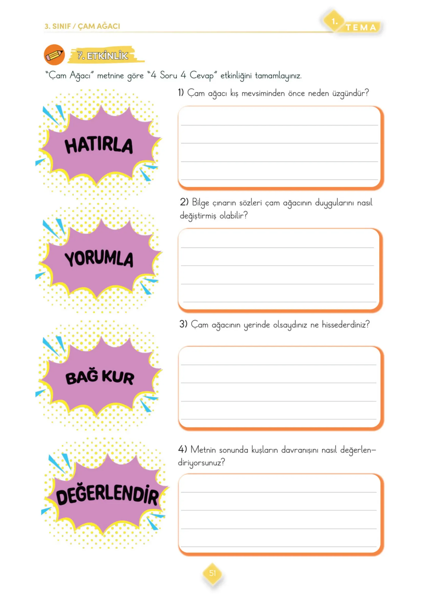 3. Sınıf Türkçe Ders Kitabı Cevapları Meb Yayınları 1. Kitap Sayfa 51