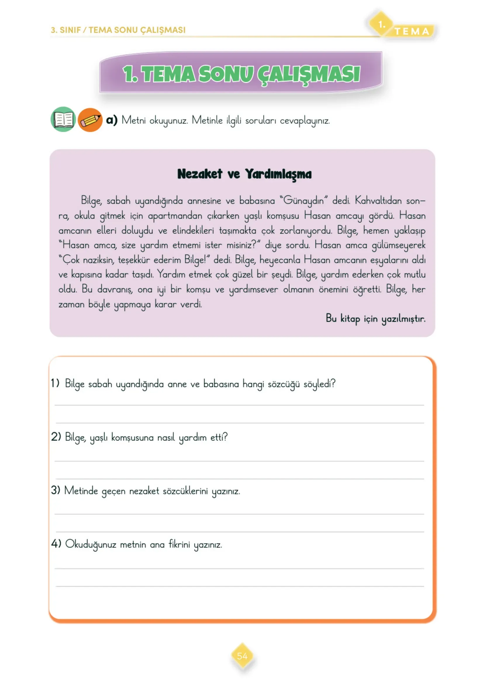 3. Sınıf Türkçe Ders Kitabı Cevapları Meb Yayınları 1. Kitap Sayfa 54