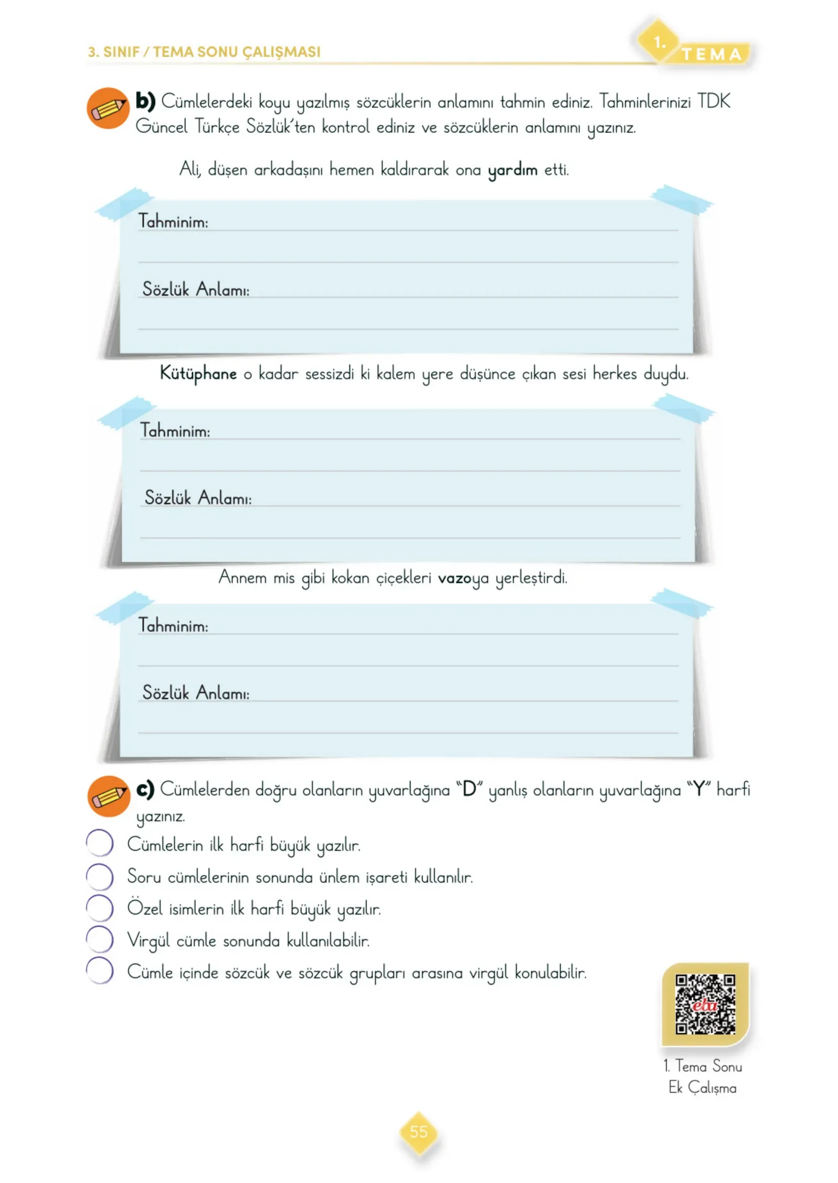 3. Sınıf Türkçe Ders Kitabı Cevapları Meb Yayınları 1. Kitap Sayfa 55