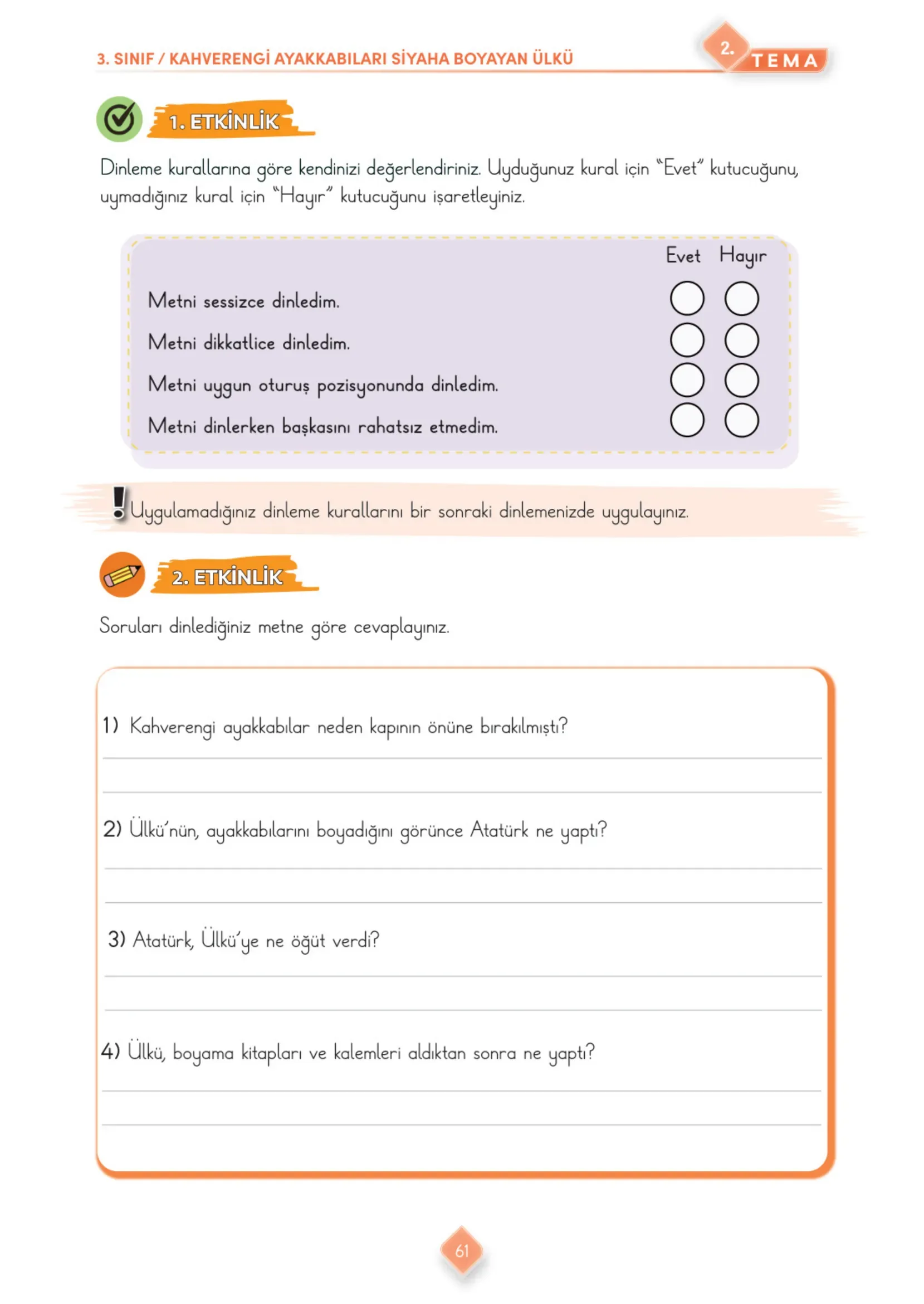 3. Sınıf Türkçe Ders Kitabı Cevapları Meb Yayınları 1. Kitap Sayfa 61