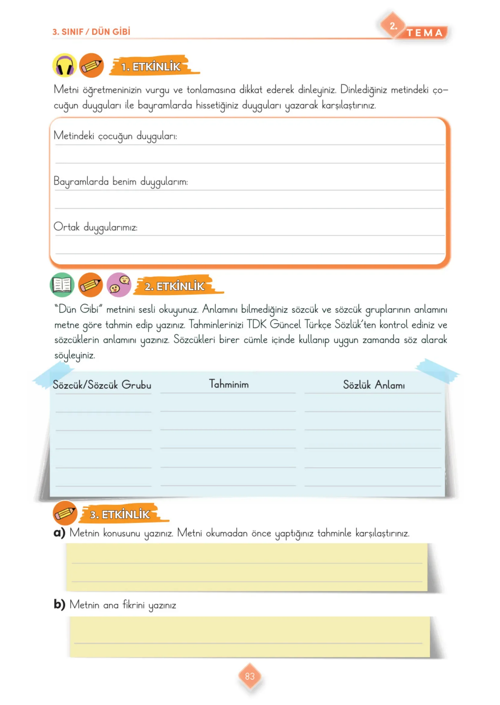 3. Sınıf Türkçe Ders Kitabı Cevapları Meb Yayınları 1. Kitap Sayfa 83