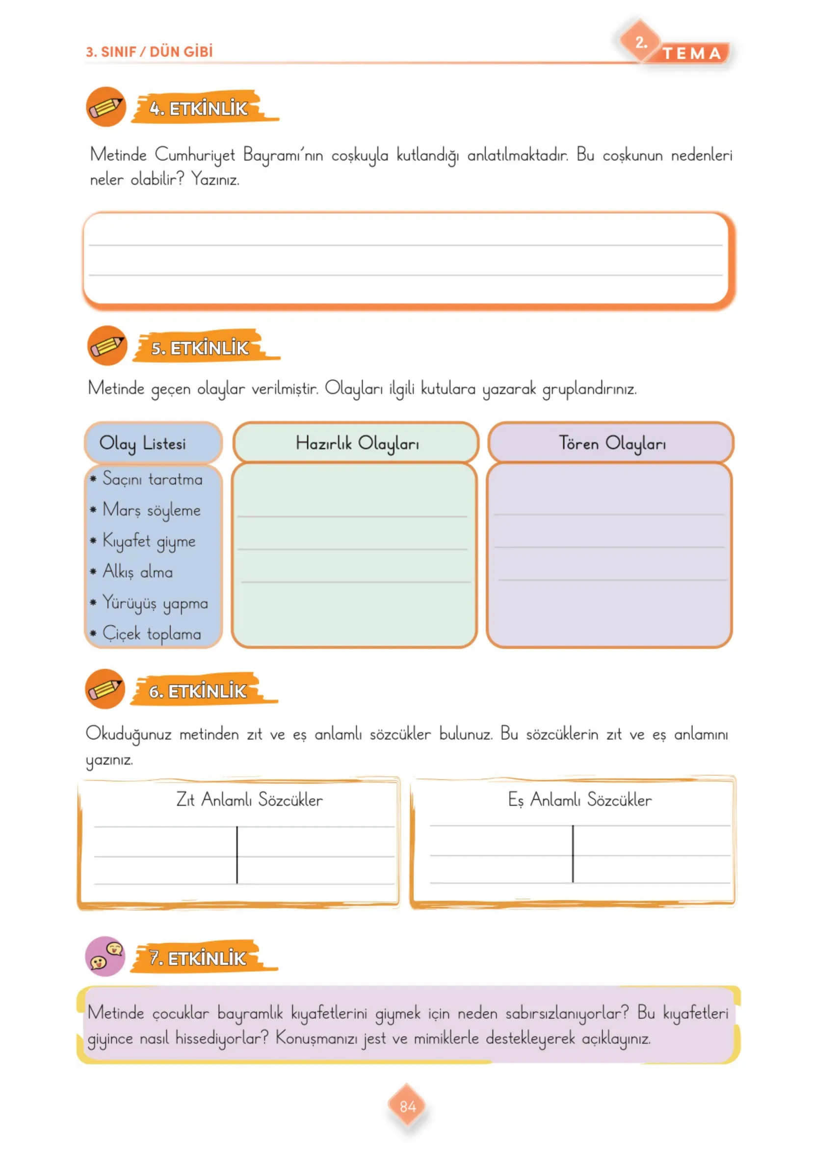 3. Sınıf Türkçe Ders Kitabı Cevapları Meb Yayınları 1. Kitap Sayfa 84
