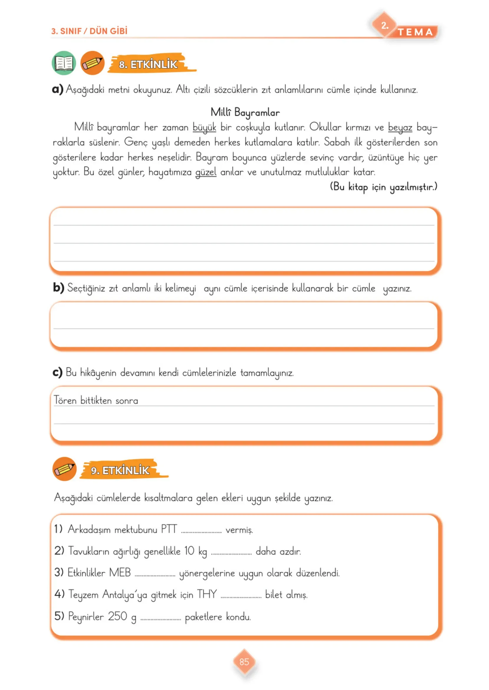 3. Sınıf Türkçe Ders Kitabı Cevapları Meb Yayınları 1. Kitap Sayfa 85