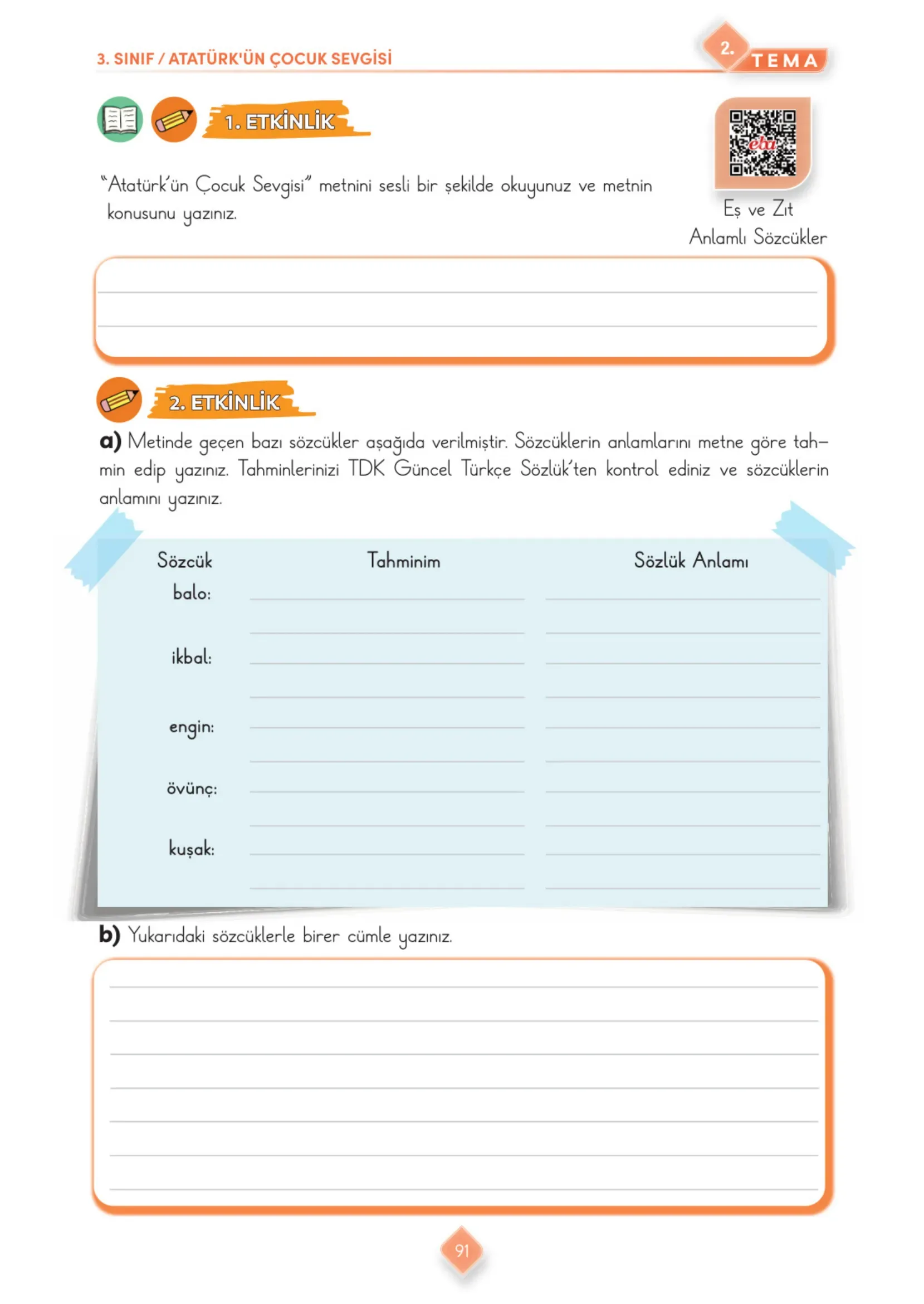 3. Sınıf Türkçe Ders Kitabı Cevapları Meb Yayınları 1. Kitap Sayfa 91