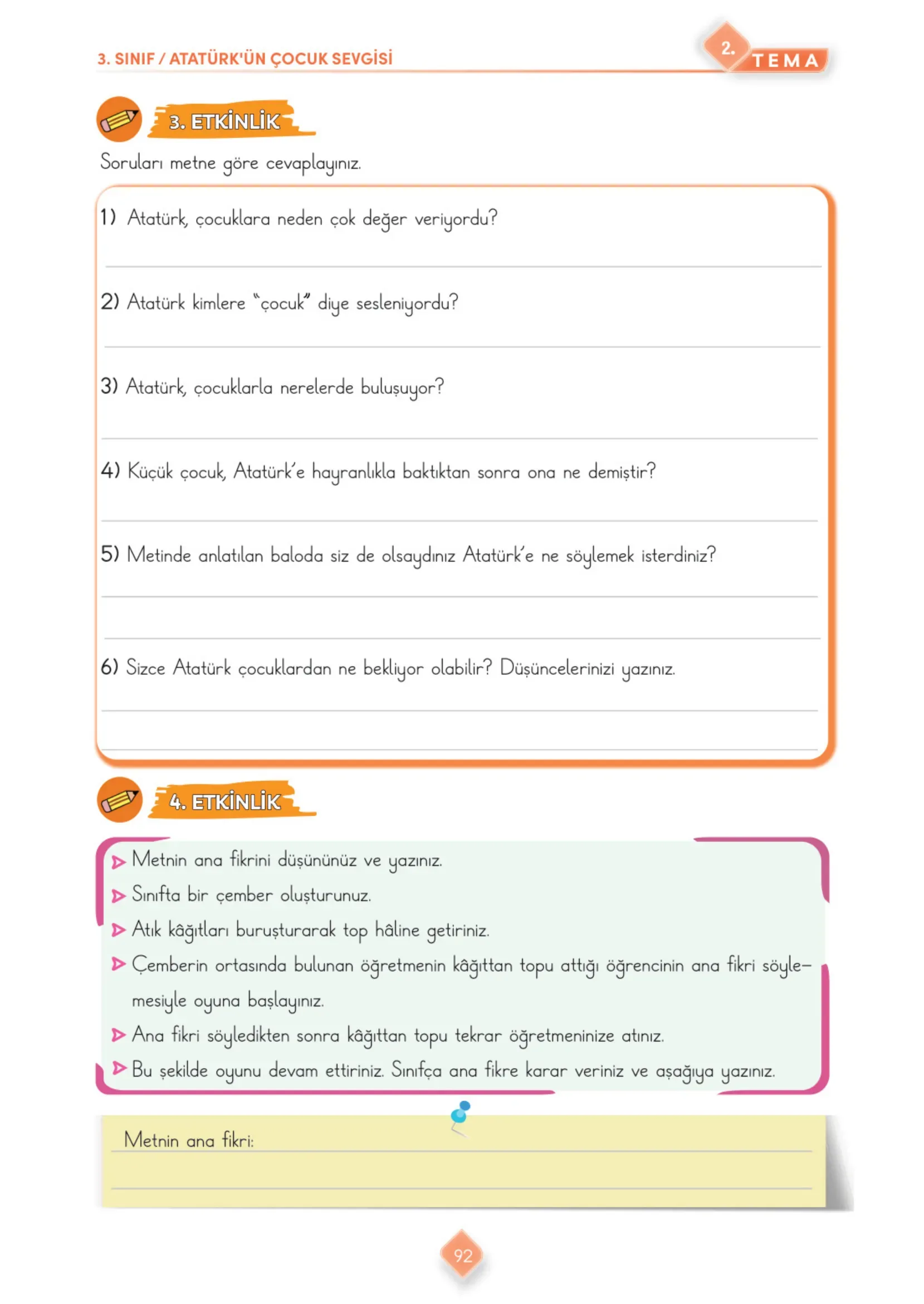 3. Sınıf Türkçe Ders Kitabı Cevapları Meb Yayınları 1. Kitap Sayfa 92