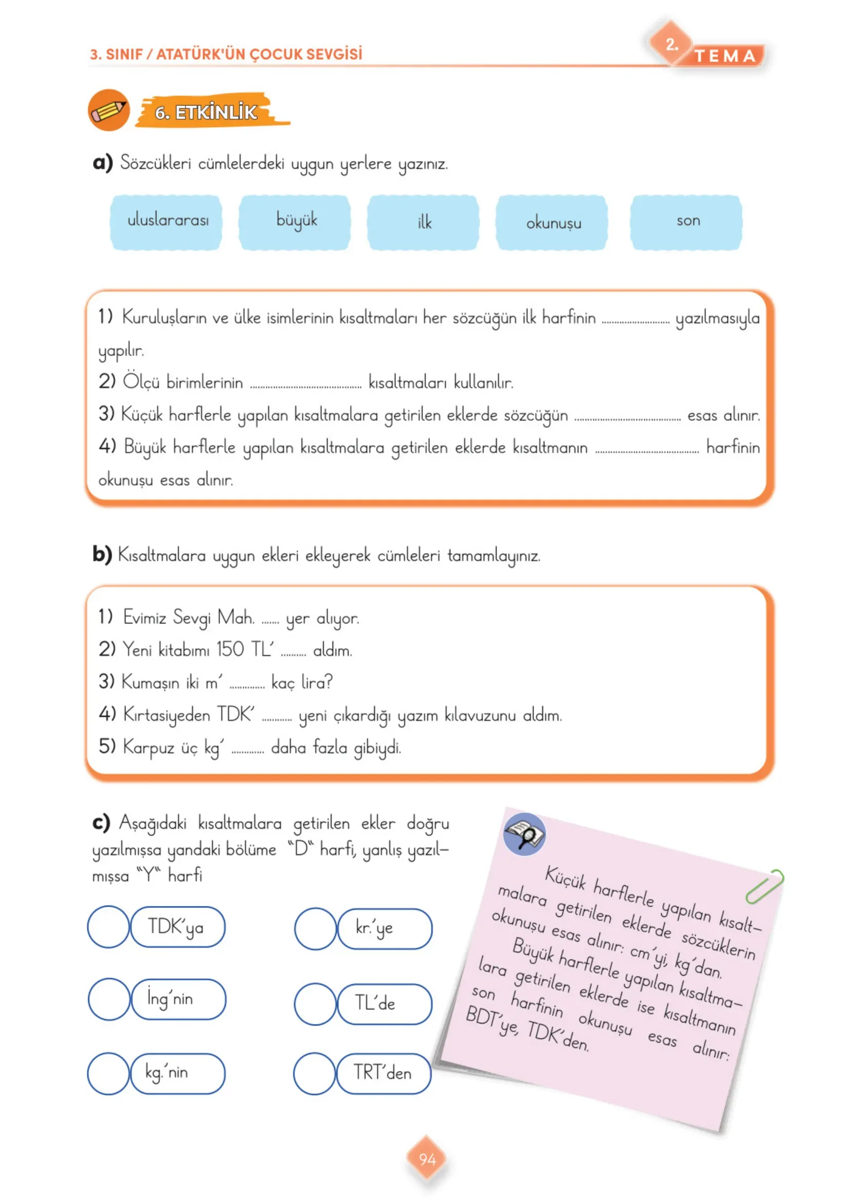 3. Sınıf Türkçe Ders Kitabı Cevapları Meb Yayınları 1. Kitap Sayfa 94