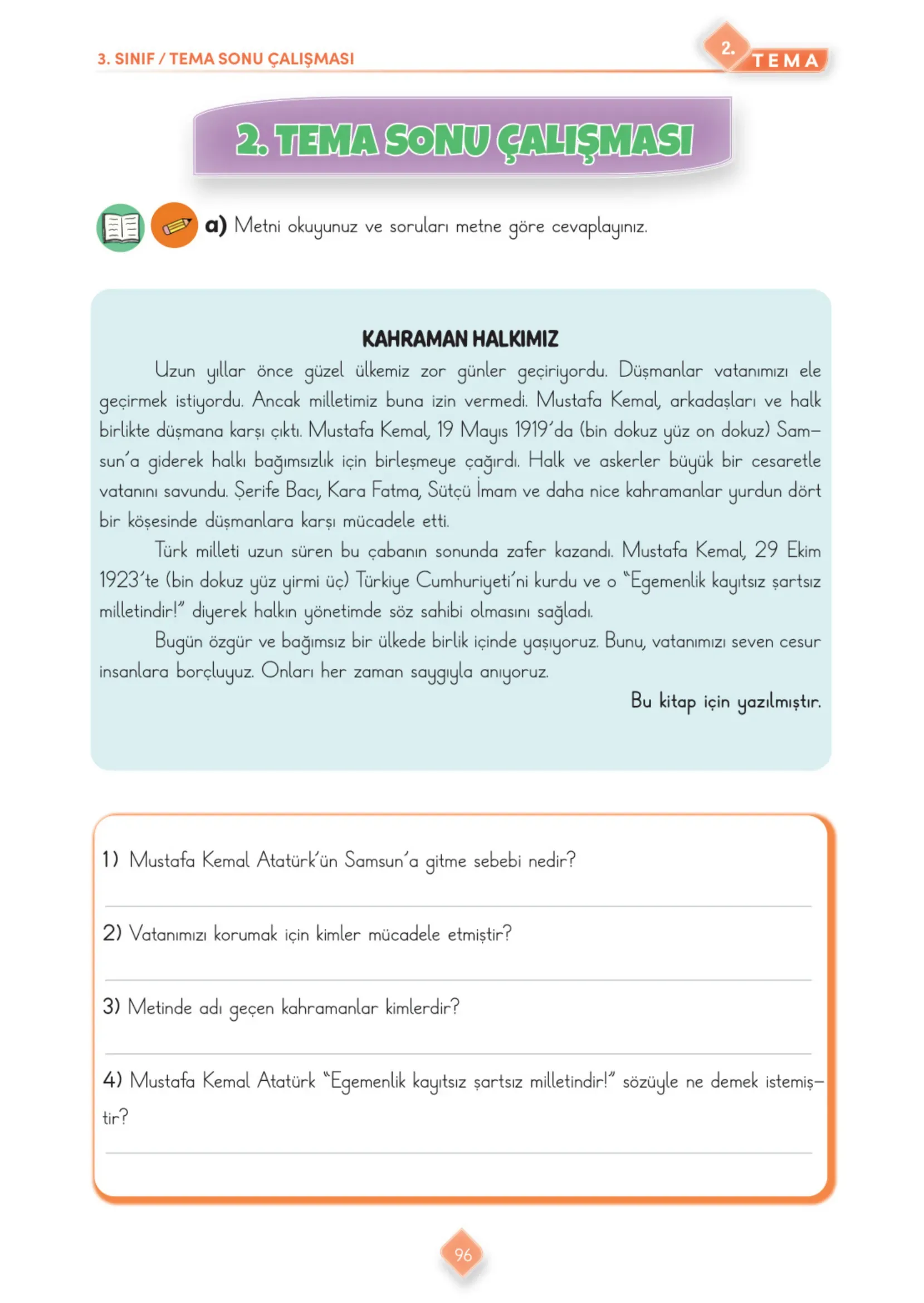 3. Sınıf Türkçe Ders Kitabı Cevapları Meb Yayınları 1. Kitap Sayfa 96