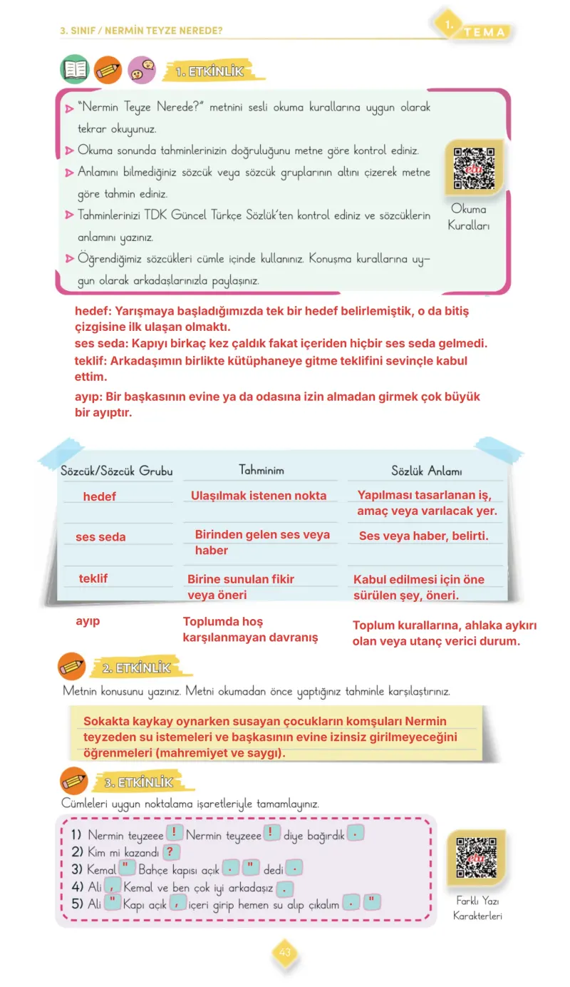 3. Sınıf Türkçe Ders Kitabı Cevapları Meb Yayınları 1. Kitap Sayfa 43 Çözüm Görseli