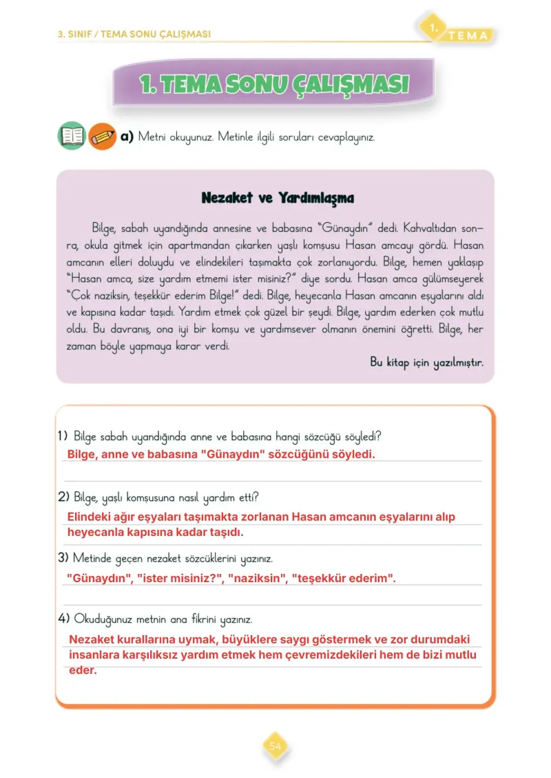 3. Sınıf Türkçe Ders Kitabı Cevapları Meb Yayınları 1. Kitap Sayfa 54 Çözüm Görseli
