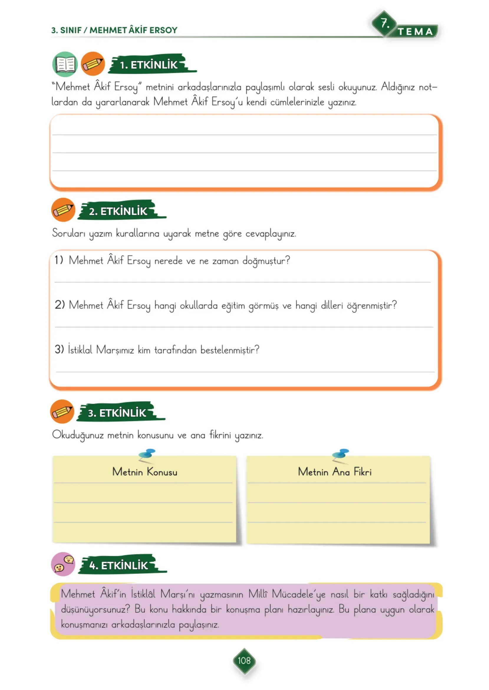3. Sınıf Türkçe Ders Kitabı Cevapları Meb Yayınları 2. Kitap Sayfa 108
