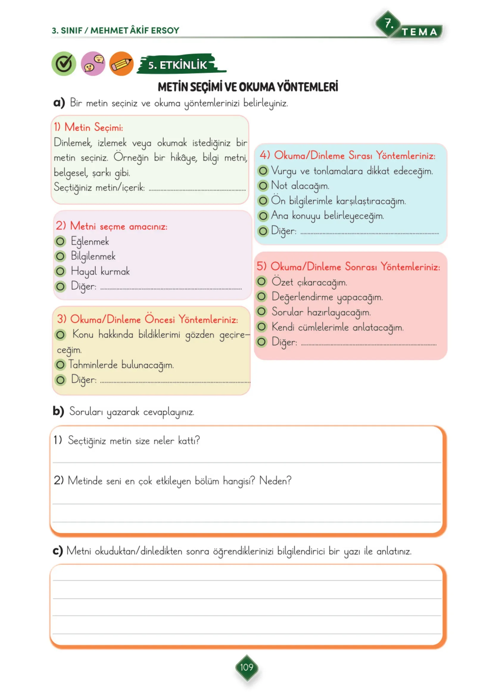 3. Sınıf Türkçe Ders Kitabı Cevapları Meb Yayınları 2. Kitap Sayfa 109
