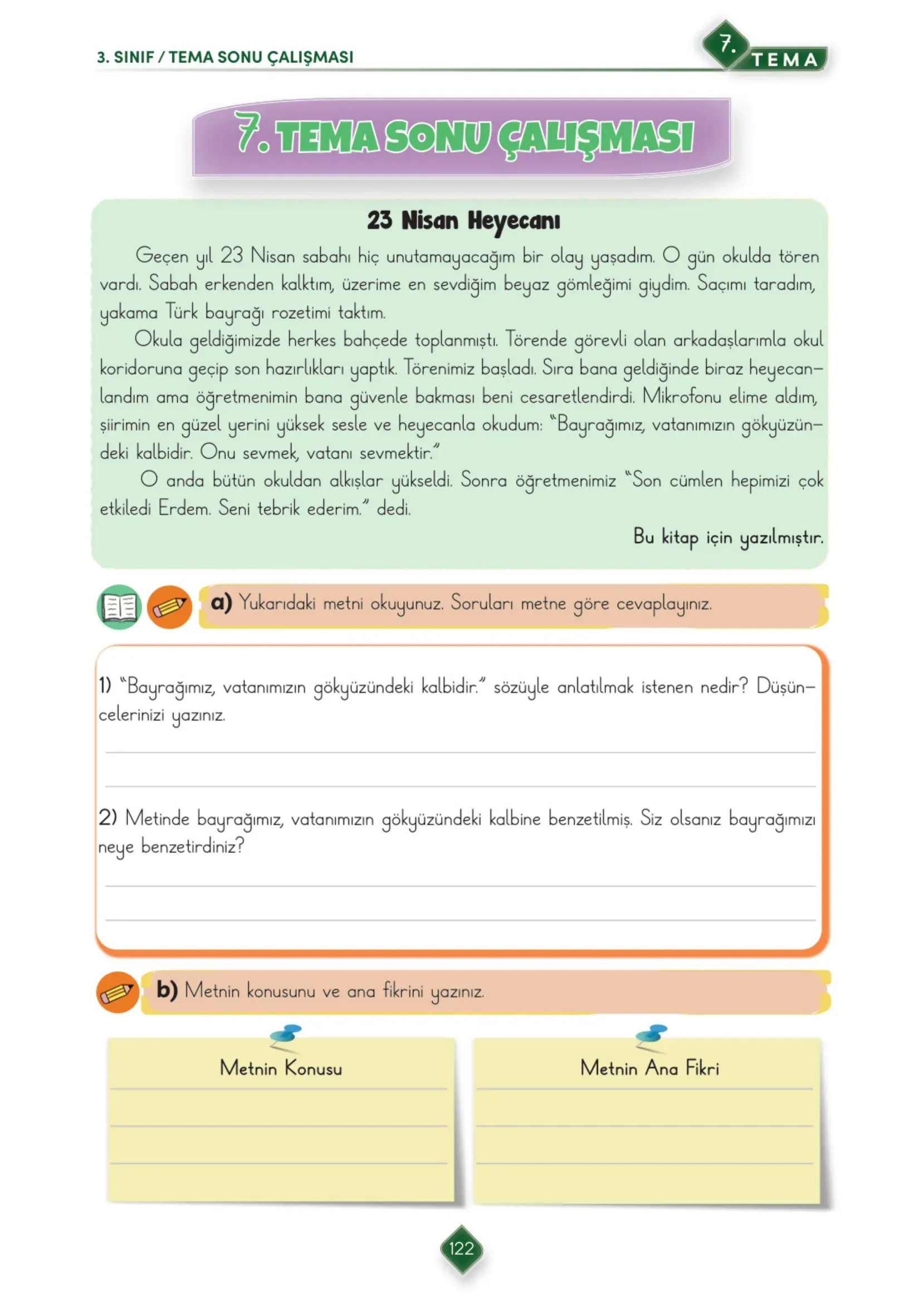 3. Sınıf Türkçe Ders Kitabı Cevapları Meb Yayınları 2. Kitap Sayfa 122