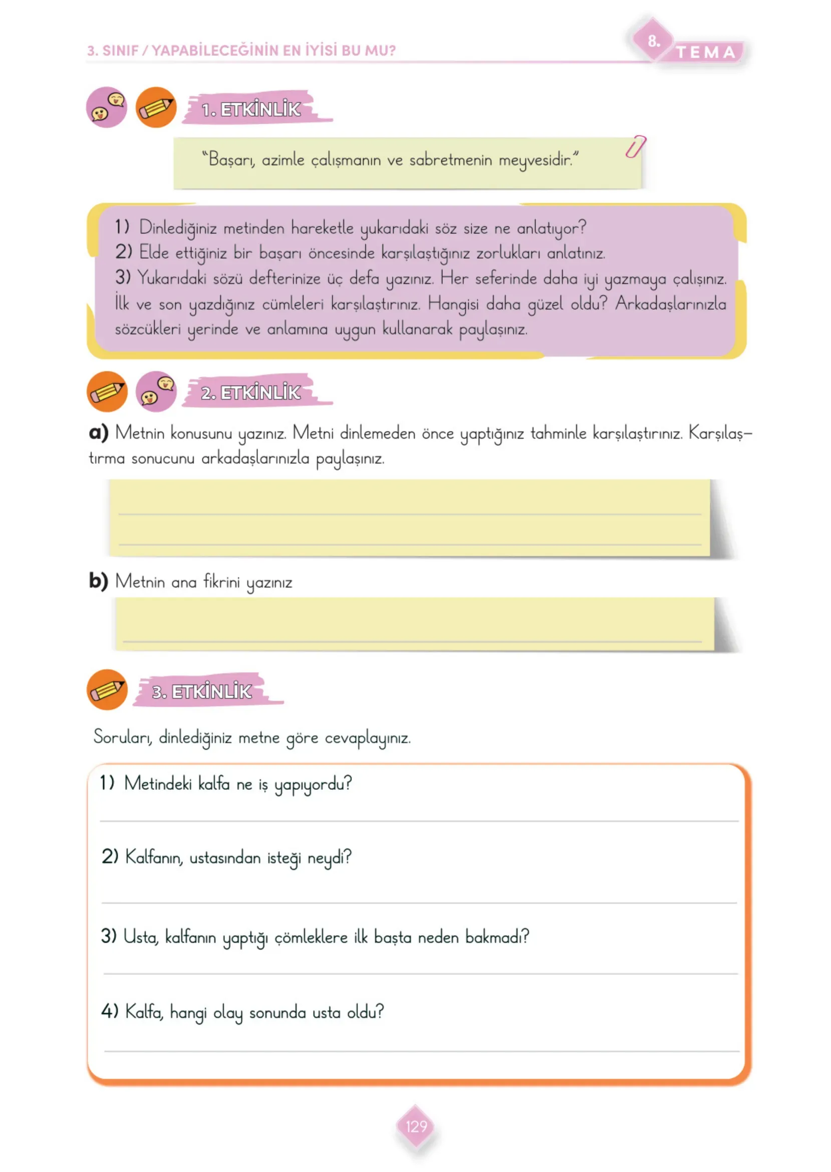 3. Sınıf Türkçe Ders Kitabı Cevapları Meb Yayınları 2. Kitap Sayfa 129