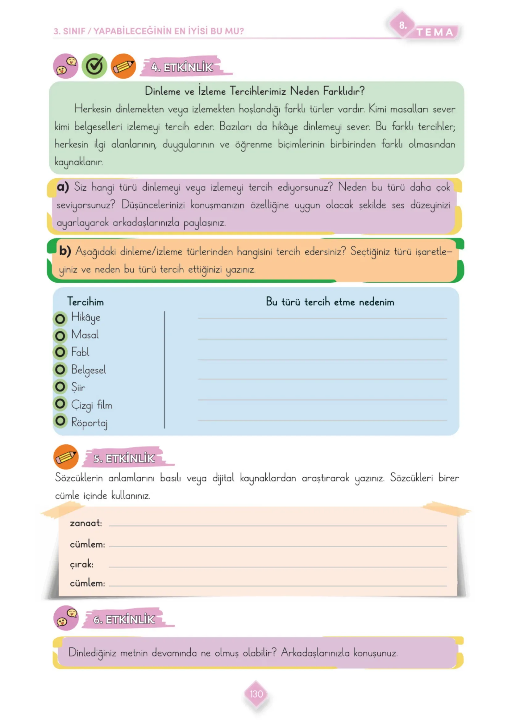 3. Sınıf Türkçe Ders Kitabı Cevapları Meb Yayınları 2. Kitap Sayfa 130