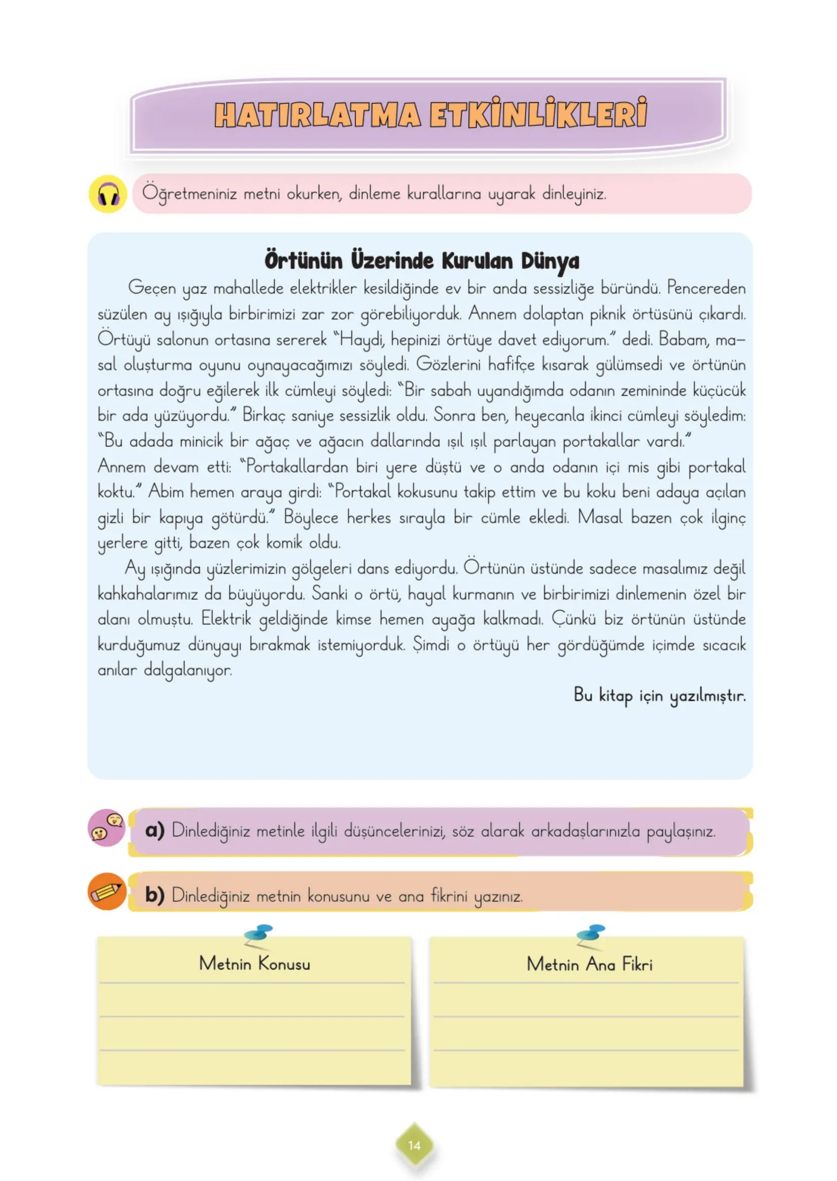 3. Sınıf Türkçe Ders Kitabı Cevapları Meb Yayınları 2. Kitap Sayfa 14