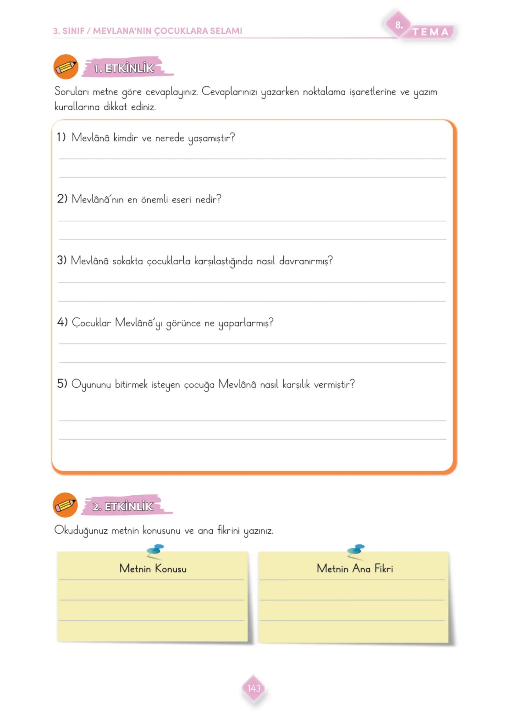 3. Sınıf Türkçe Ders Kitabı Cevapları Meb Yayınları 2. Kitap Sayfa 143