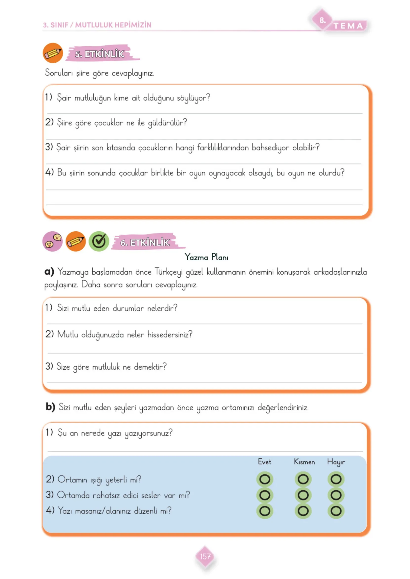 3. Sınıf Türkçe Ders Kitabı Cevapları Meb Yayınları 2. Kitap Sayfa 157