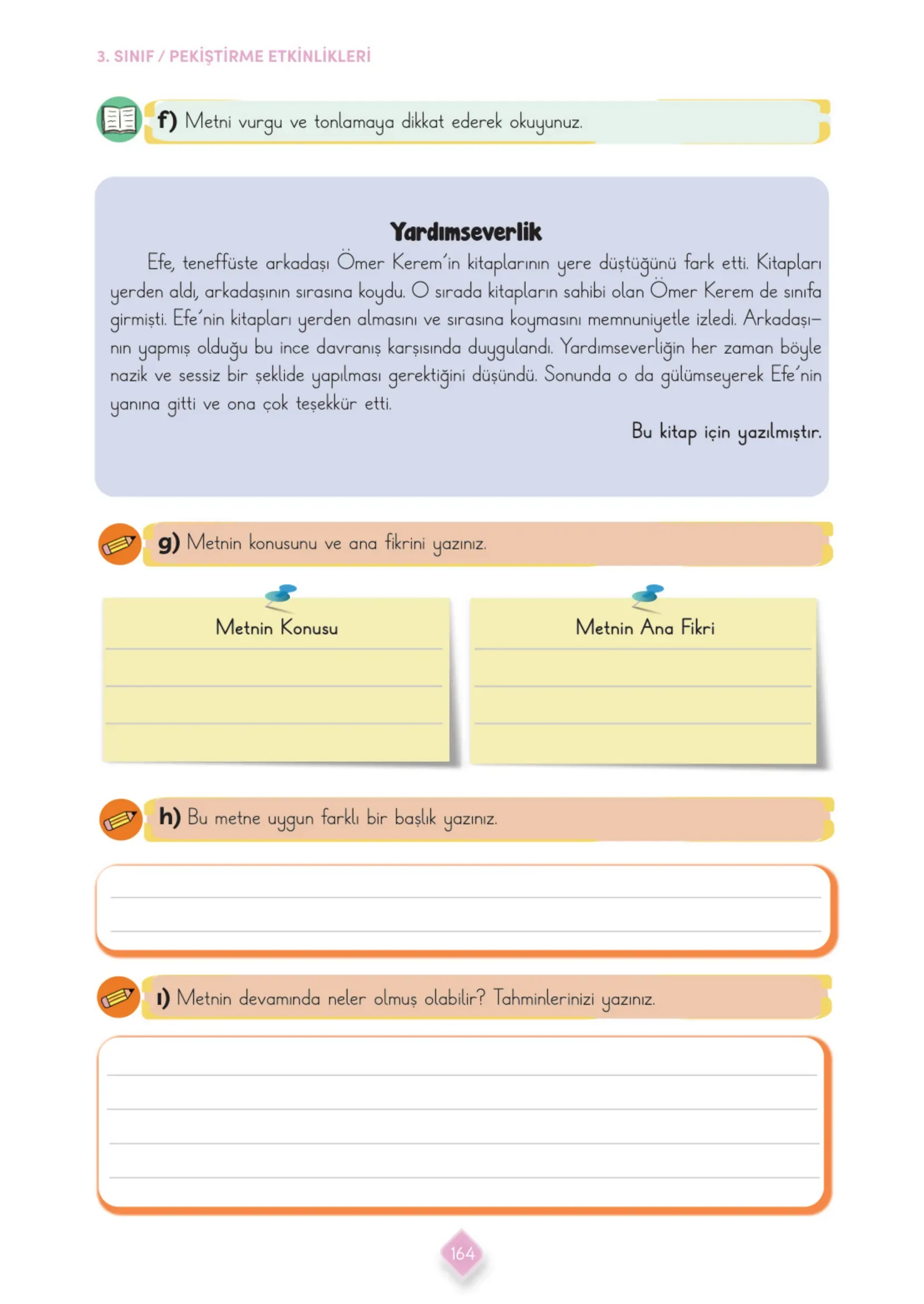 3. Sınıf Türkçe Ders Kitabı Cevapları Meb Yayınları 2. Kitap Sayfa 164