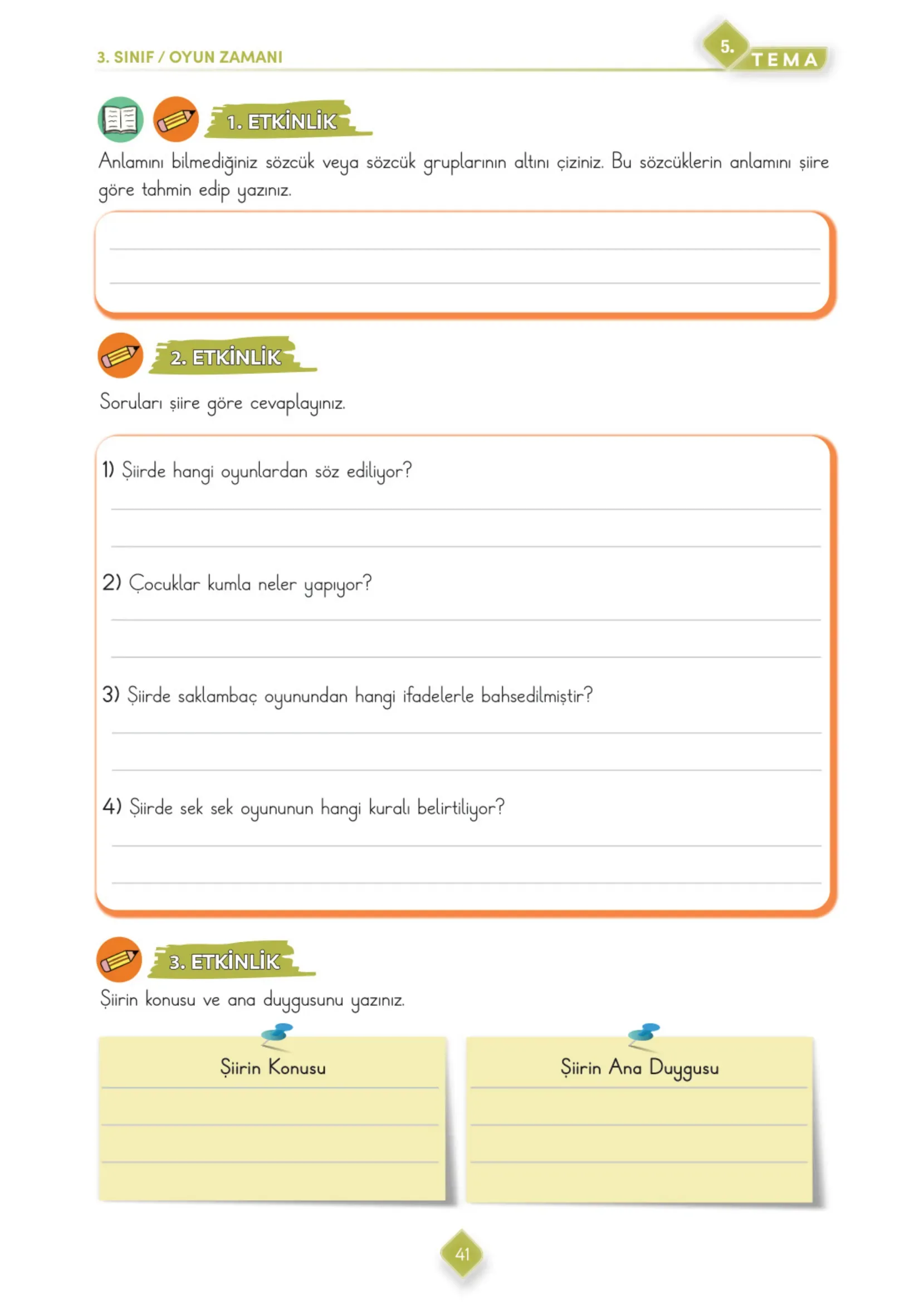 3. Sınıf Türkçe Ders Kitabı Cevapları Meb Yayınları 2. Kitap Sayfa 41