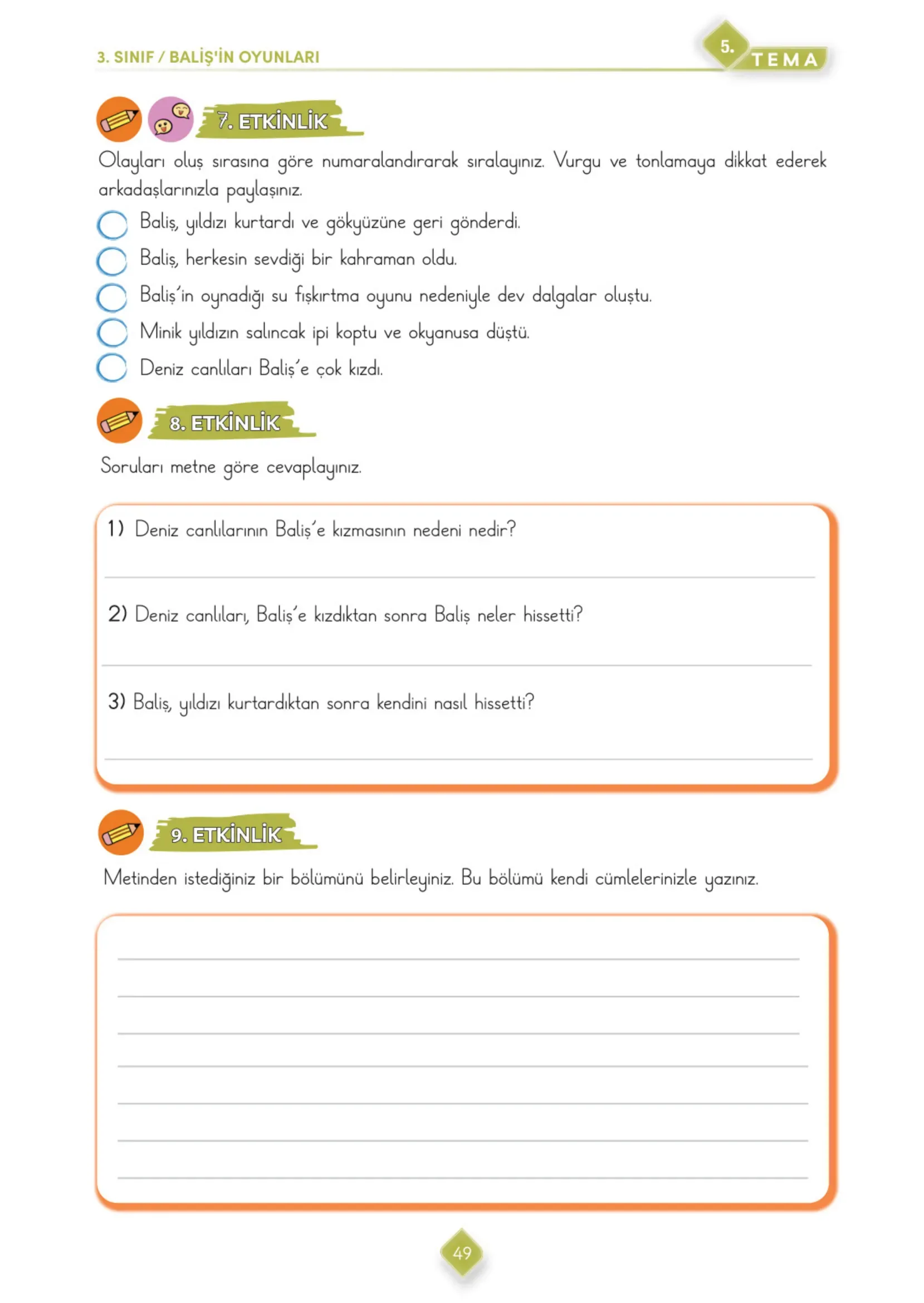 3. Sınıf Türkçe Ders Kitabı Cevapları Meb Yayınları 2. Kitap Sayfa 49