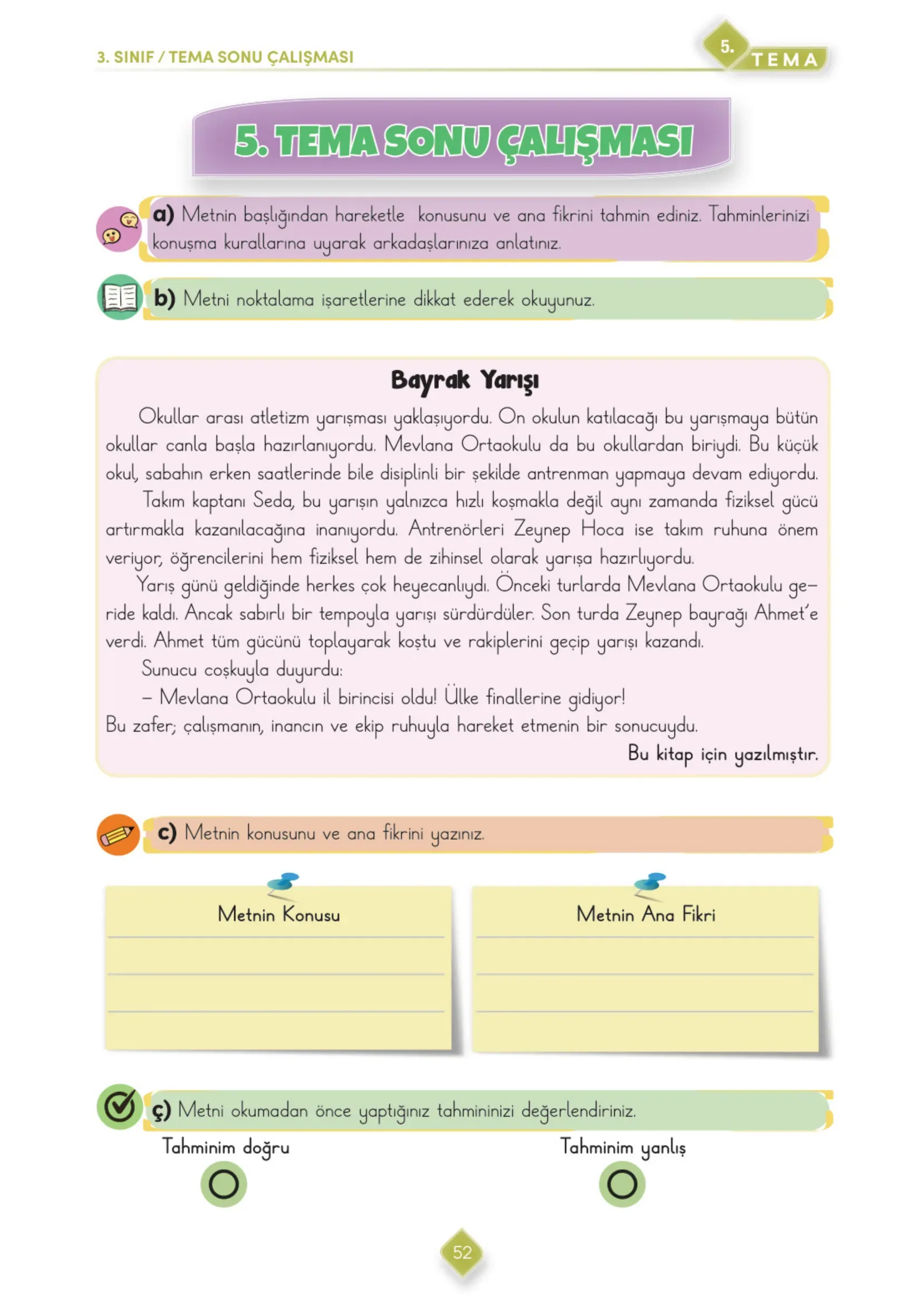 3. Sınıf Türkçe Ders Kitabı Cevapları Meb Yayınları 2. Kitap Sayfa 52