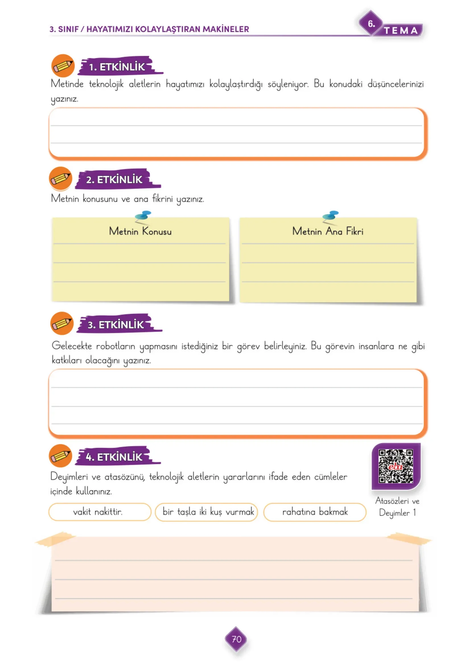 3. Sınıf Türkçe Ders Kitabı Cevapları Meb Yayınları 2. Kitap Sayfa 70