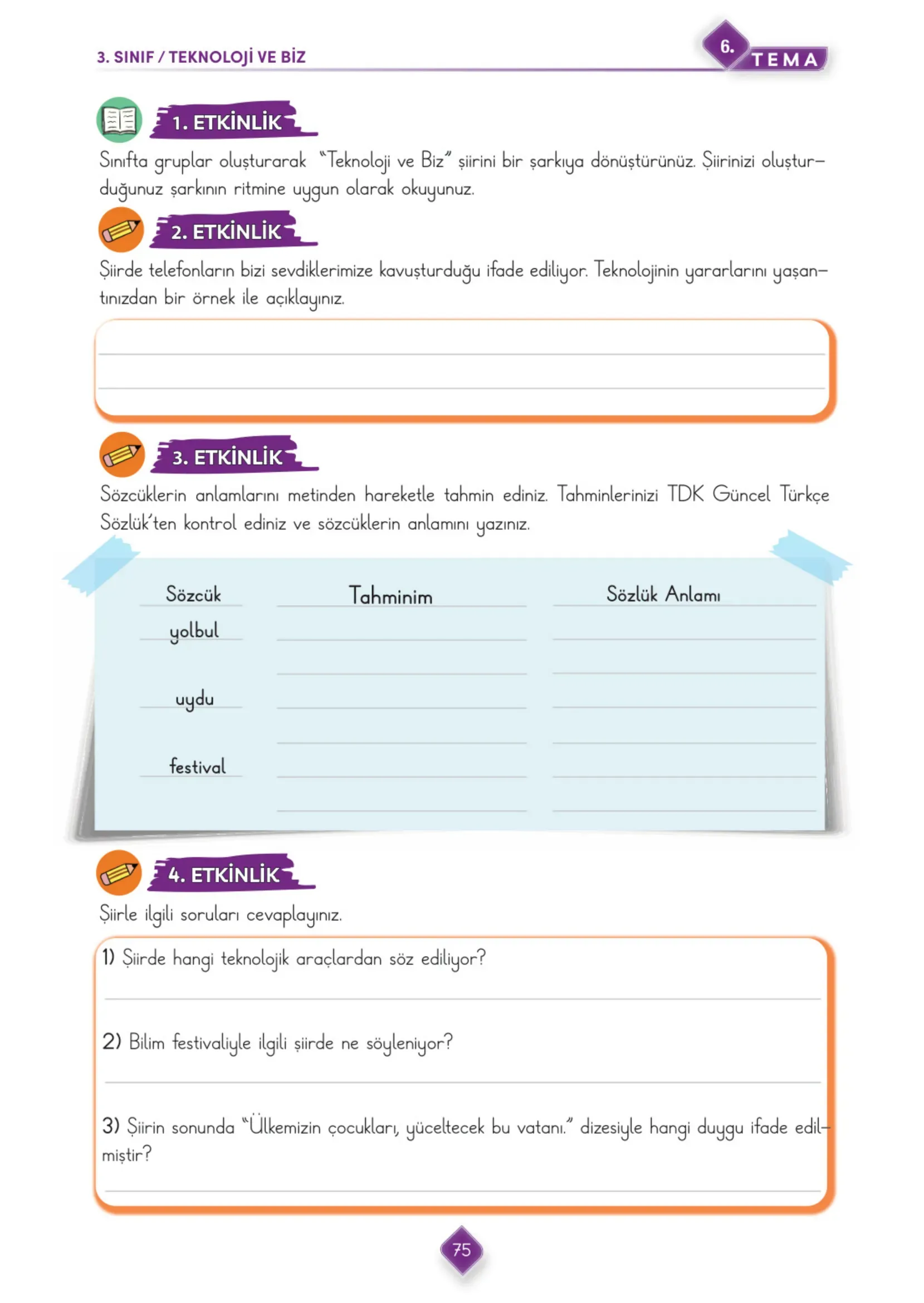 3. Sınıf Türkçe Ders Kitabı Cevapları Meb Yayınları 2. Kitap Sayfa 75