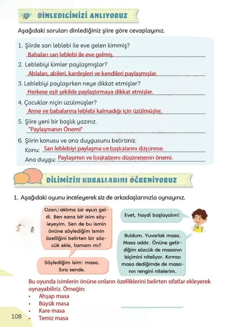 3. Sınıf Türkçe Ders Kitabı Cevapları Meb Yayınları Sayfa 108 Çözüm Görseli
