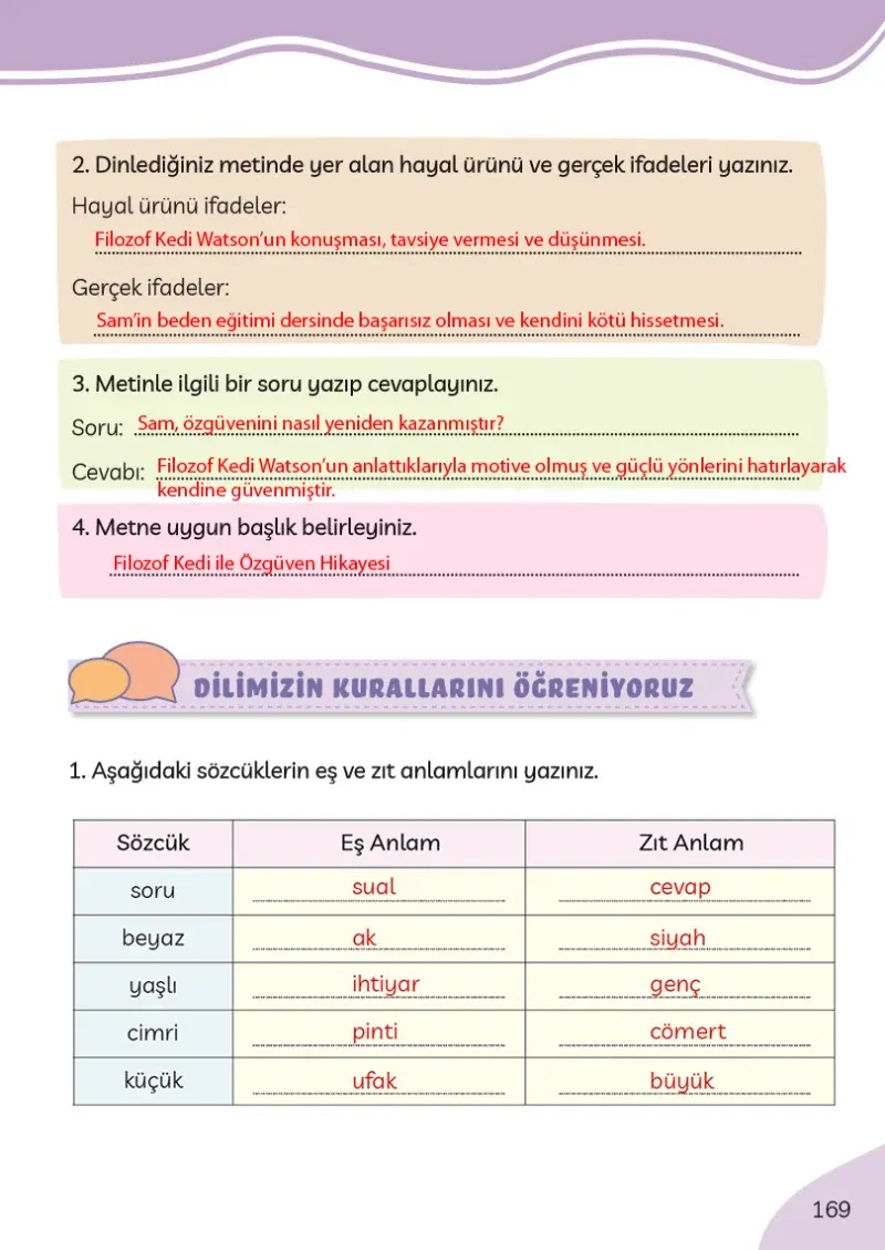 3. Sınıf Türkçe Ders Kitabı Cevapları Meb Yayınları Sayfa 169 Çözüm Görseli
